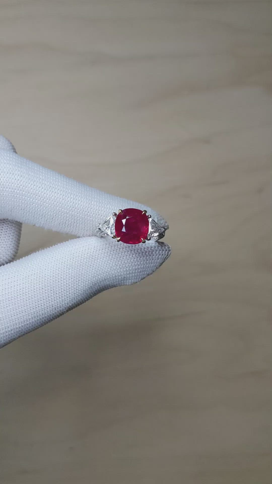 5.05 Ct. Ruby and Natural Diamond Three Stone Ring, 18K White & Yellow Size Video