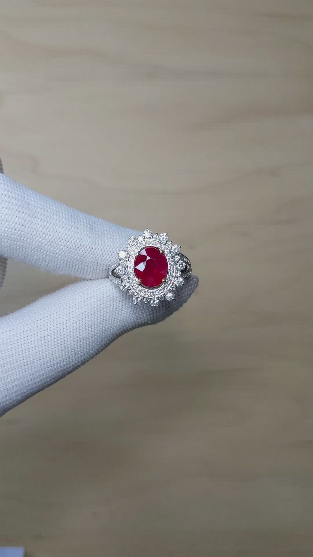 3.00 Ct. Ruby and Natural Diamond Pave Ring, 18K White Gold Size Video