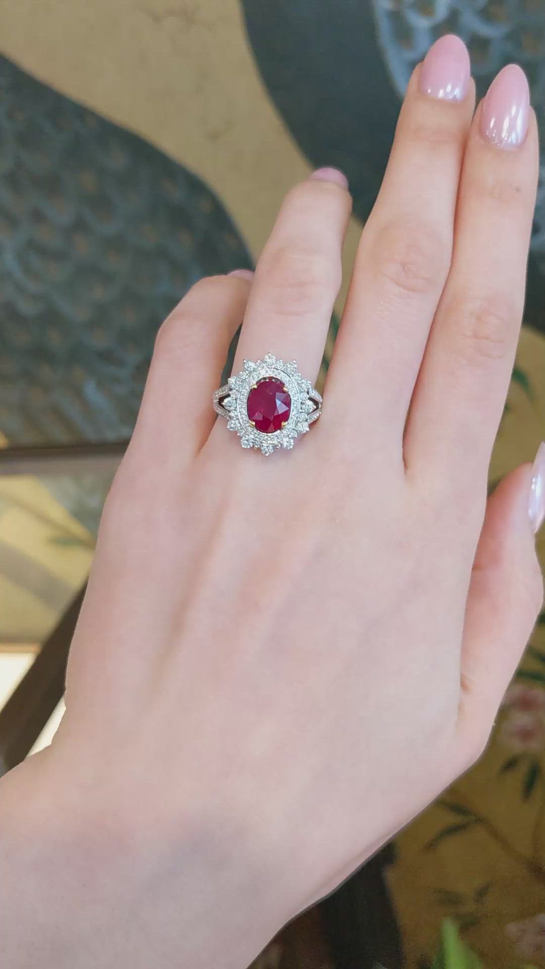 3.00 Ct. Ruby and Natural Diamond Pave Ring, 18K White Gold Size Video