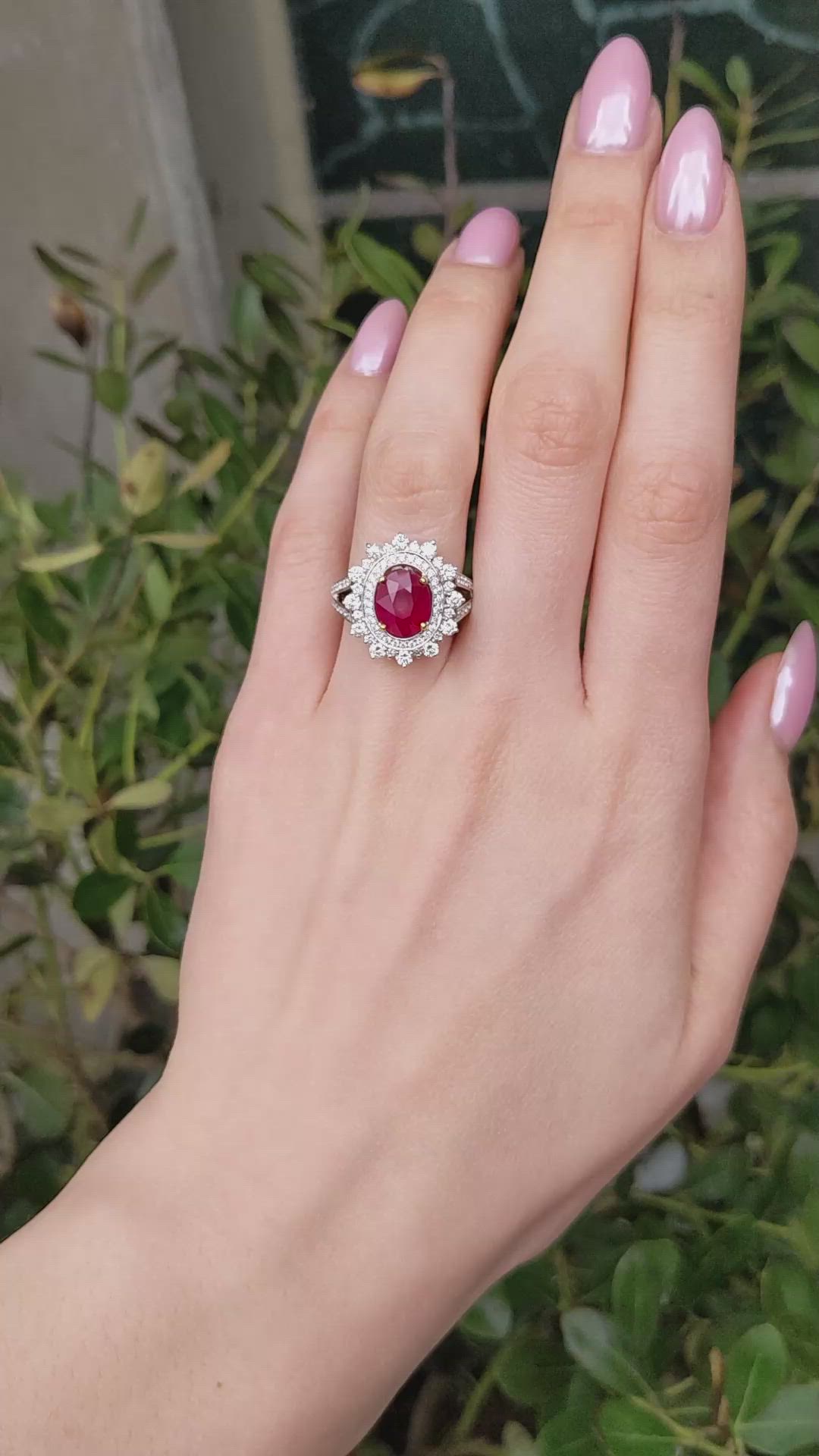 3.00 Ct. Ruby and Natural Diamond Pave Ring, 18K White Gold Size Video