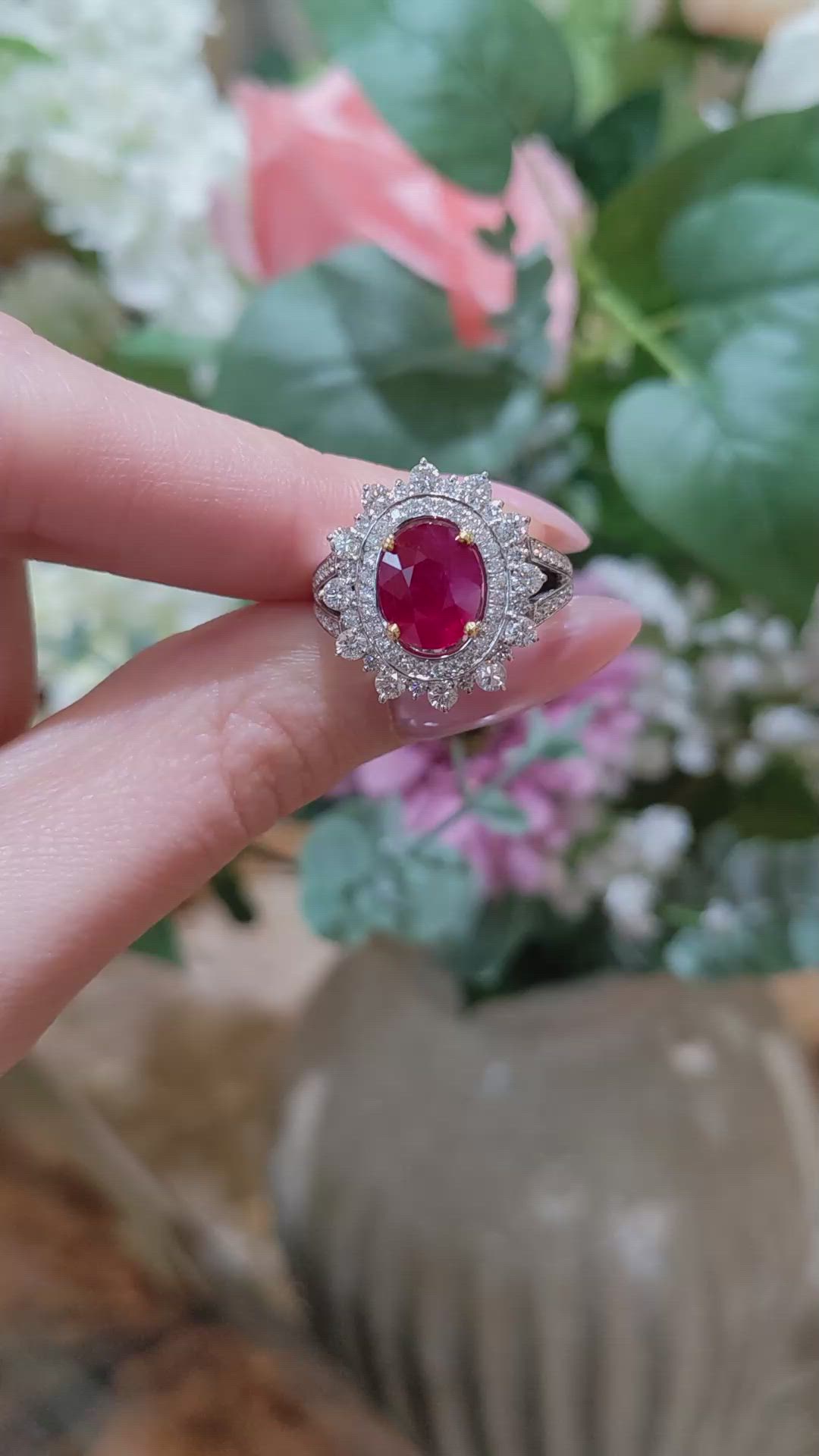 3.00 Ct. Ruby and Natural Diamond Pave Ring, 18K White Gold Size Video