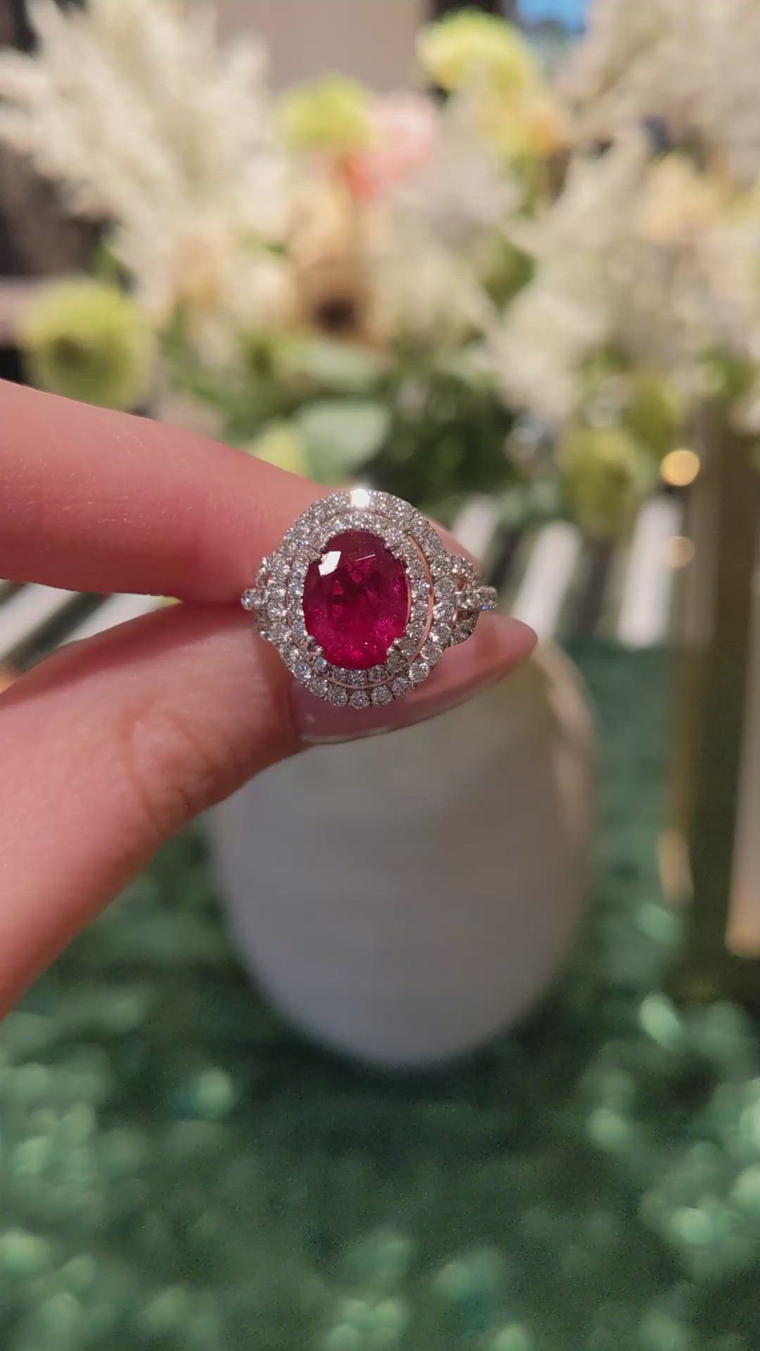 3.76 Ct. Ruby and Natural Diamond Pave Ring, 18K White Gold Size Video
