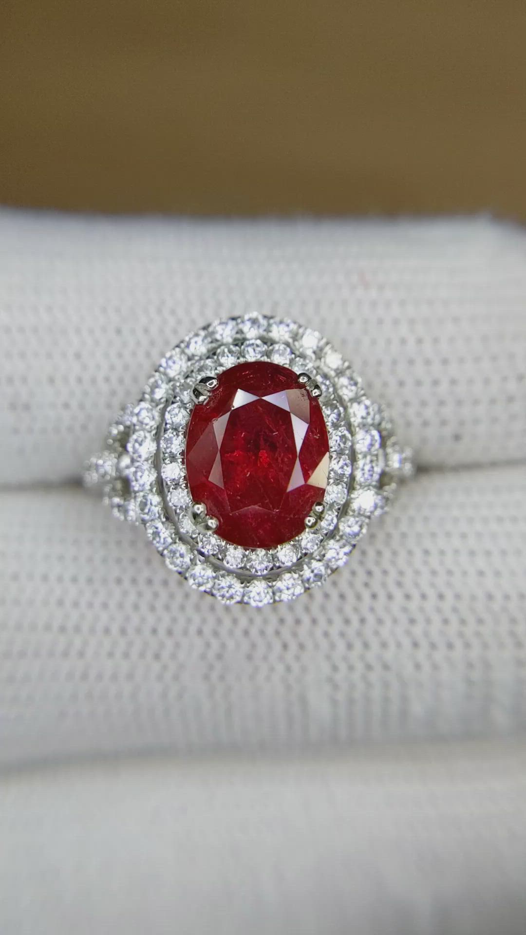 3.76 Ct. Ruby and Natural Diamond Pave Ring, 18K White Gold Size Video