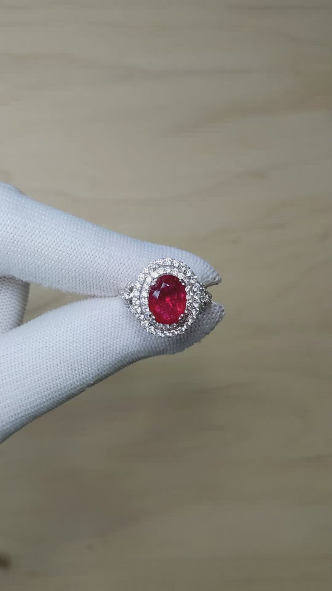 3.76 Ct. Ruby and Natural Diamond Pave Ring, 18K White Gold Size Video