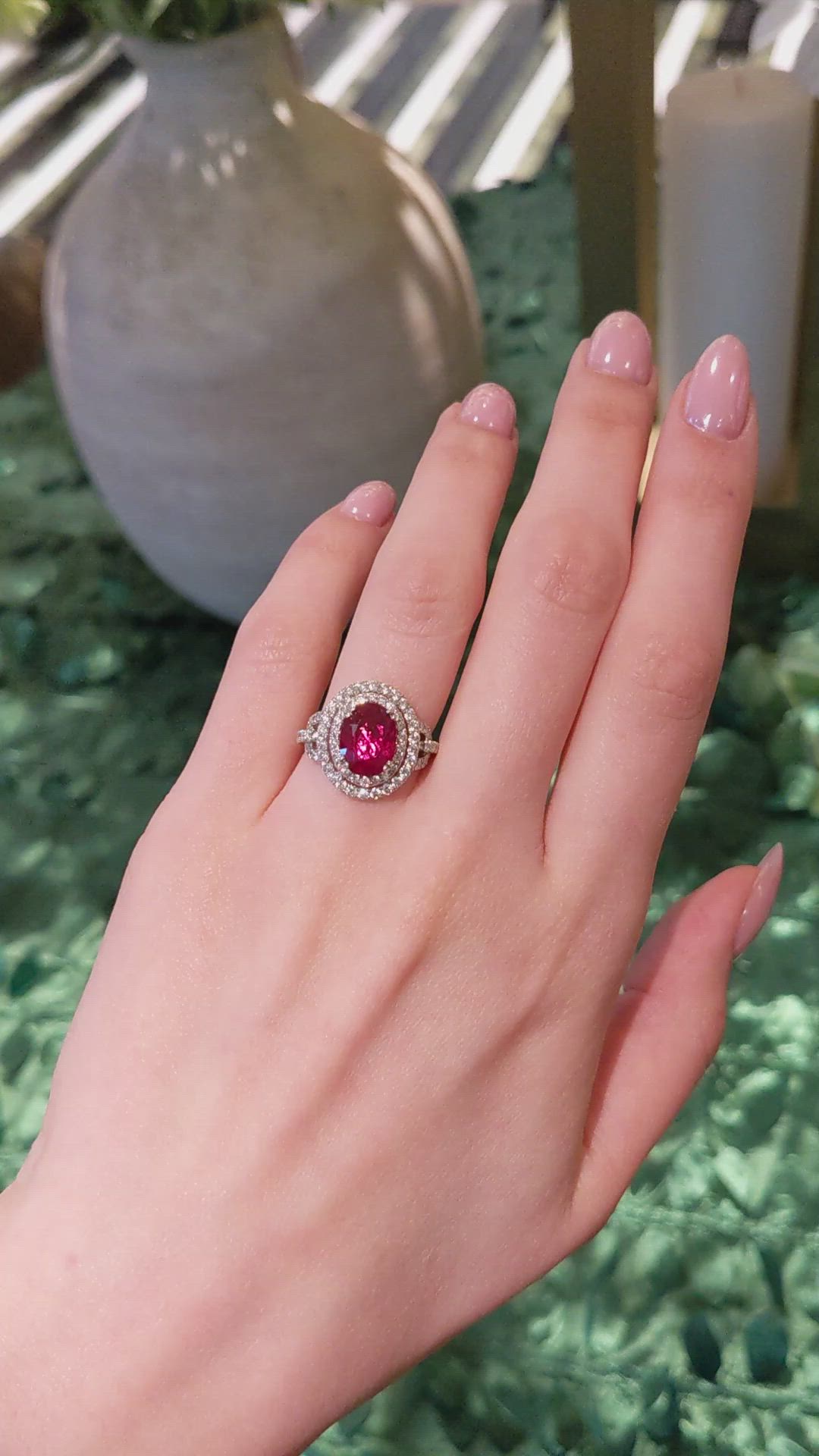 3.76 Ct. Ruby and Natural Diamond Pave Ring, 18K White Gold Size Video