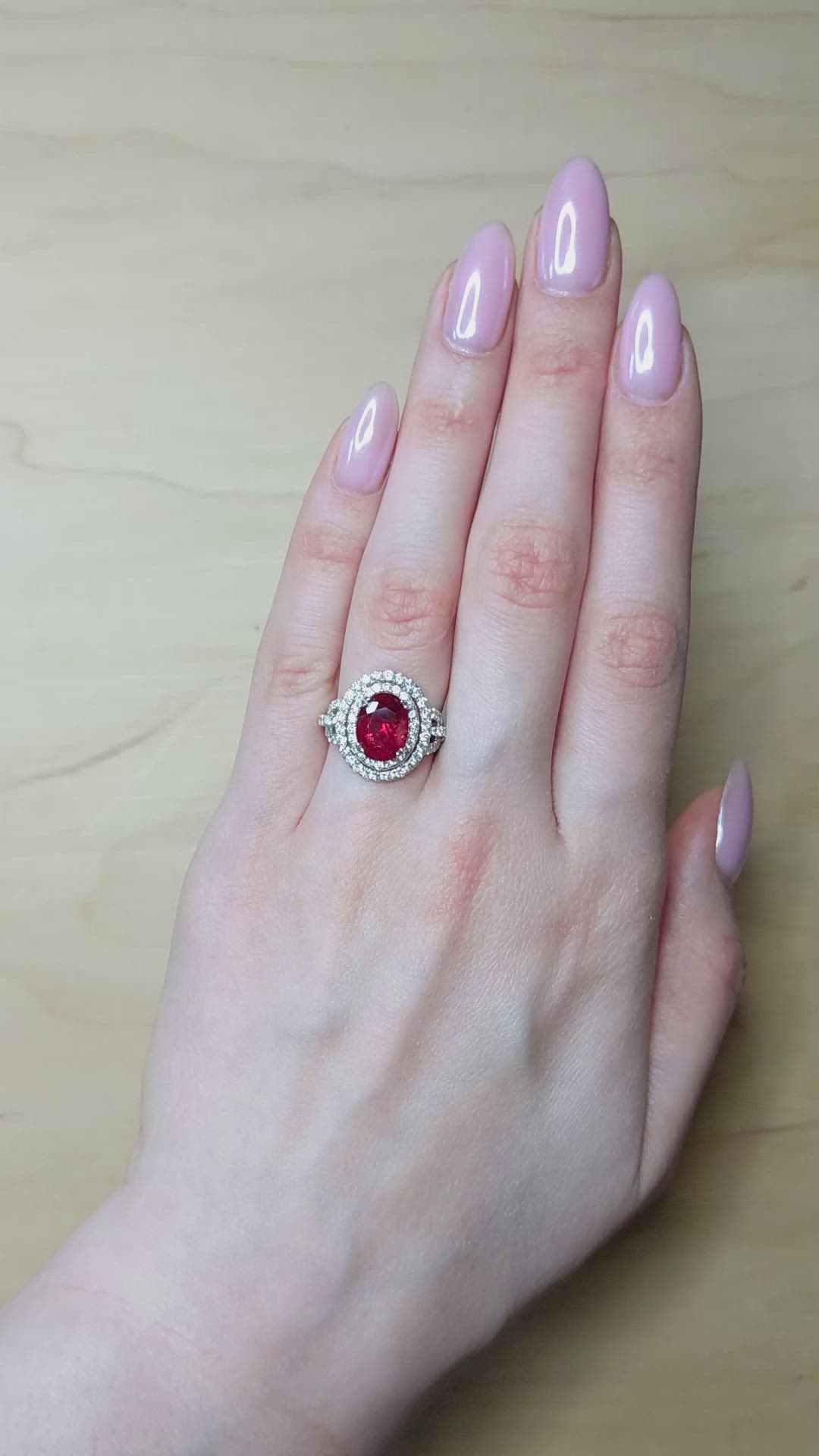 3.76 Ct. Ruby and Natural Diamond Pave Ring, 18K White Gold Size Video