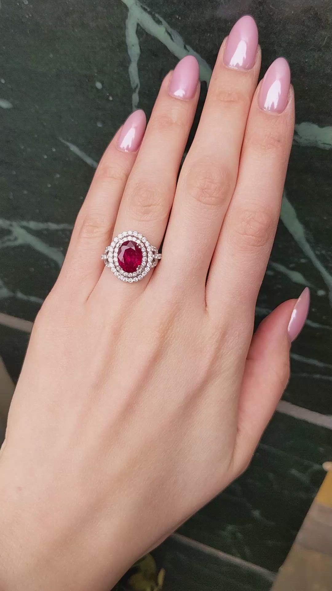 3.76 Ct. Ruby and Natural Diamond Pave Ring, 18K White Gold Size Video