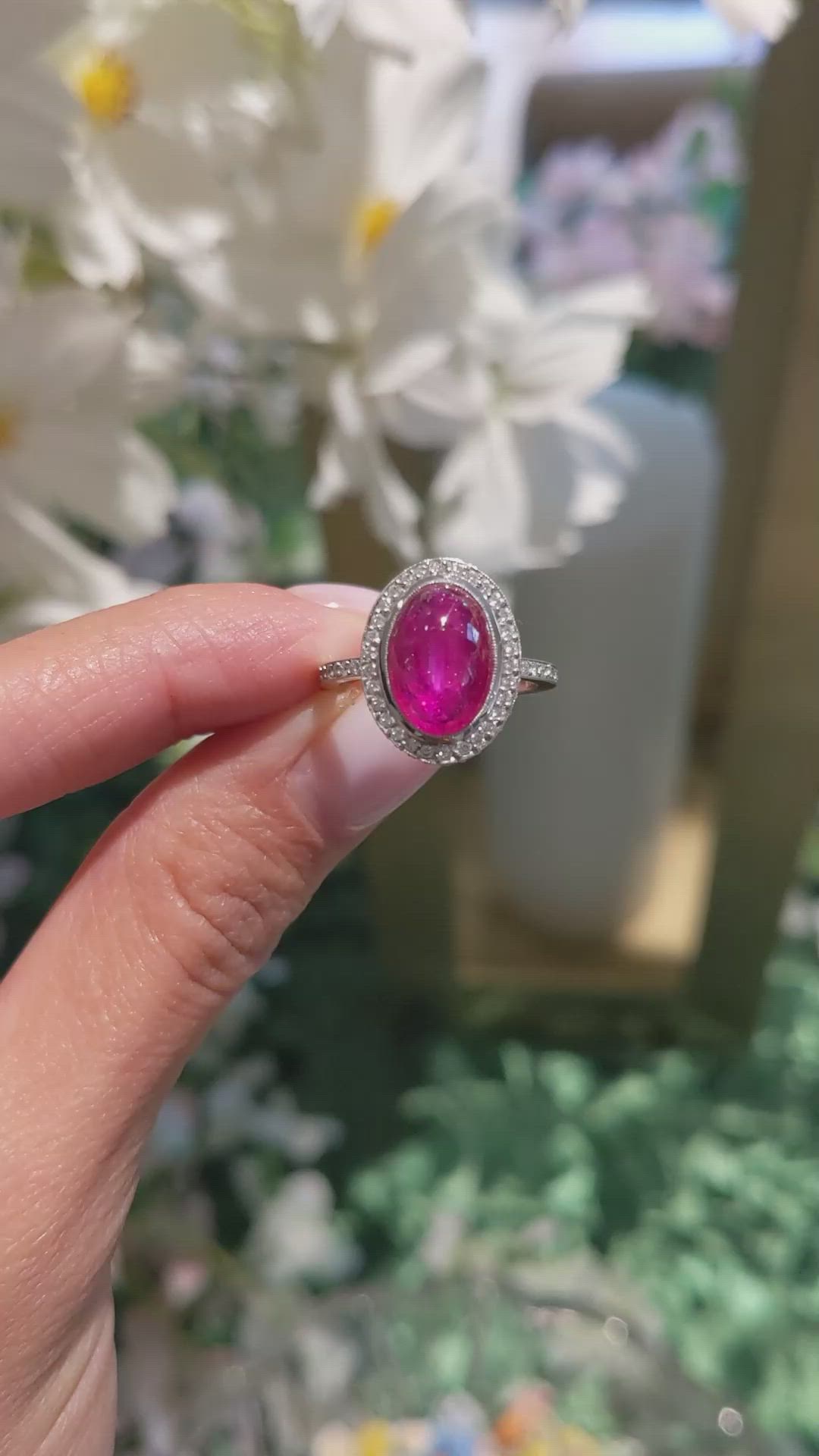 4.57 Ct. Ruby and Natural Diamond Pave Ring, Platinum 950 Size Video