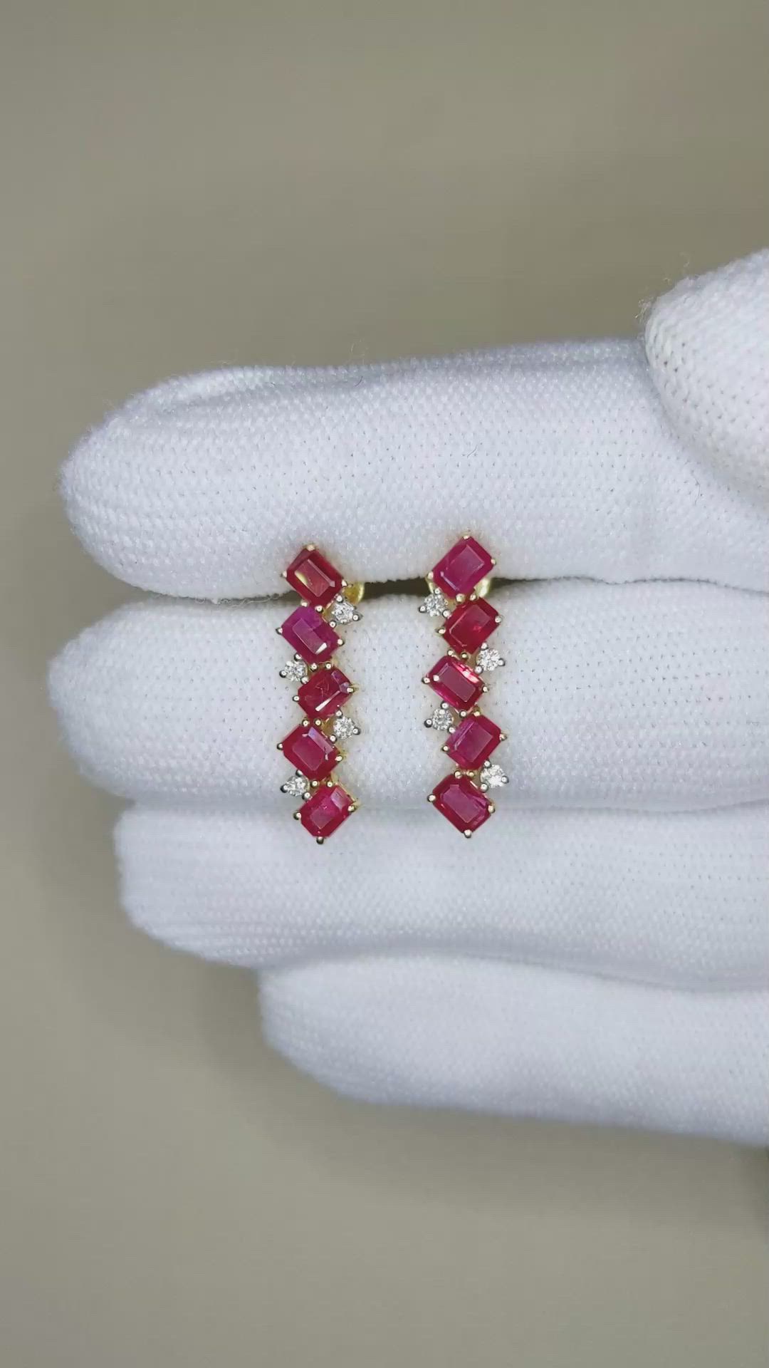 2.60 Ct.Tw.Total Carat Weight Pinkish Red Ruby and Natural Diamond Studs Earrings, 14K Yellow Gold Size Video