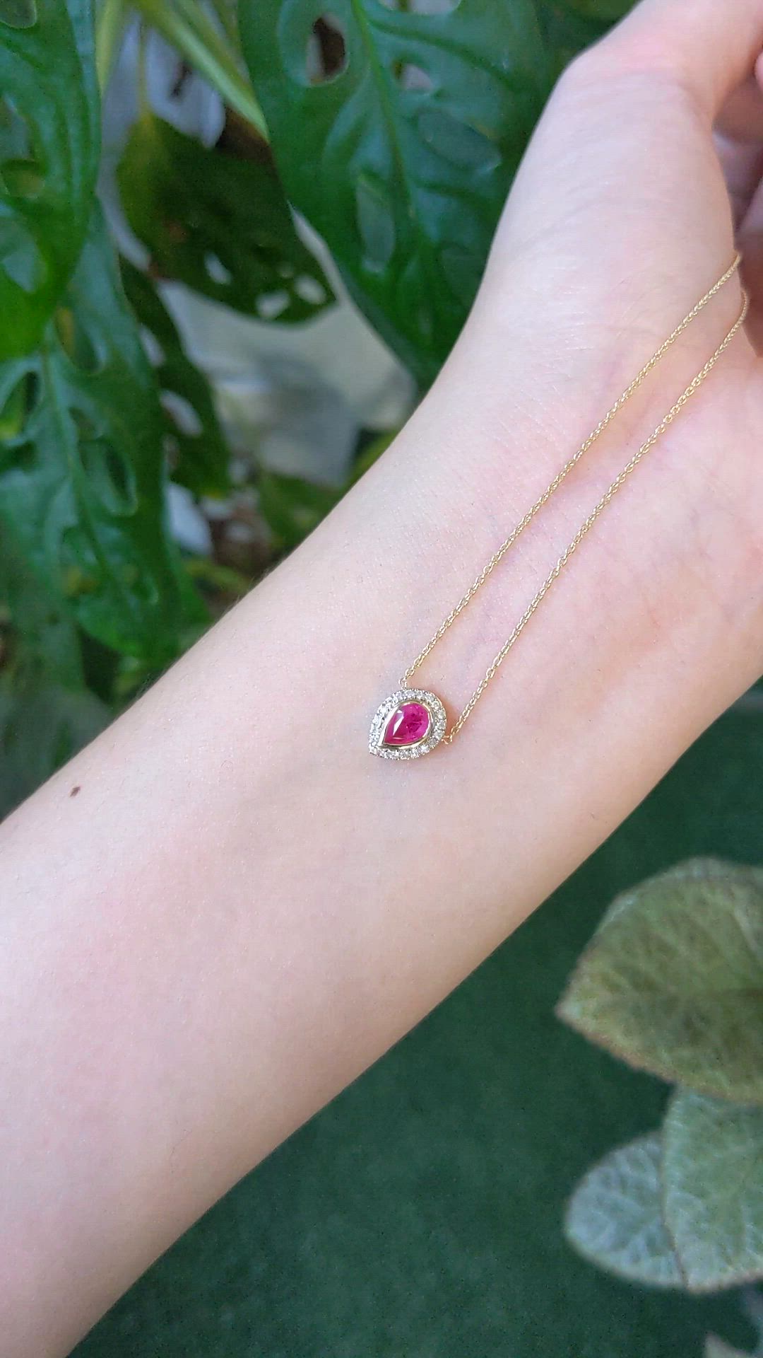 0.49 Ct. Pinkish Red Ruby and Natural Diamond Pave Necklace, 18K Yellow Gold Size Video