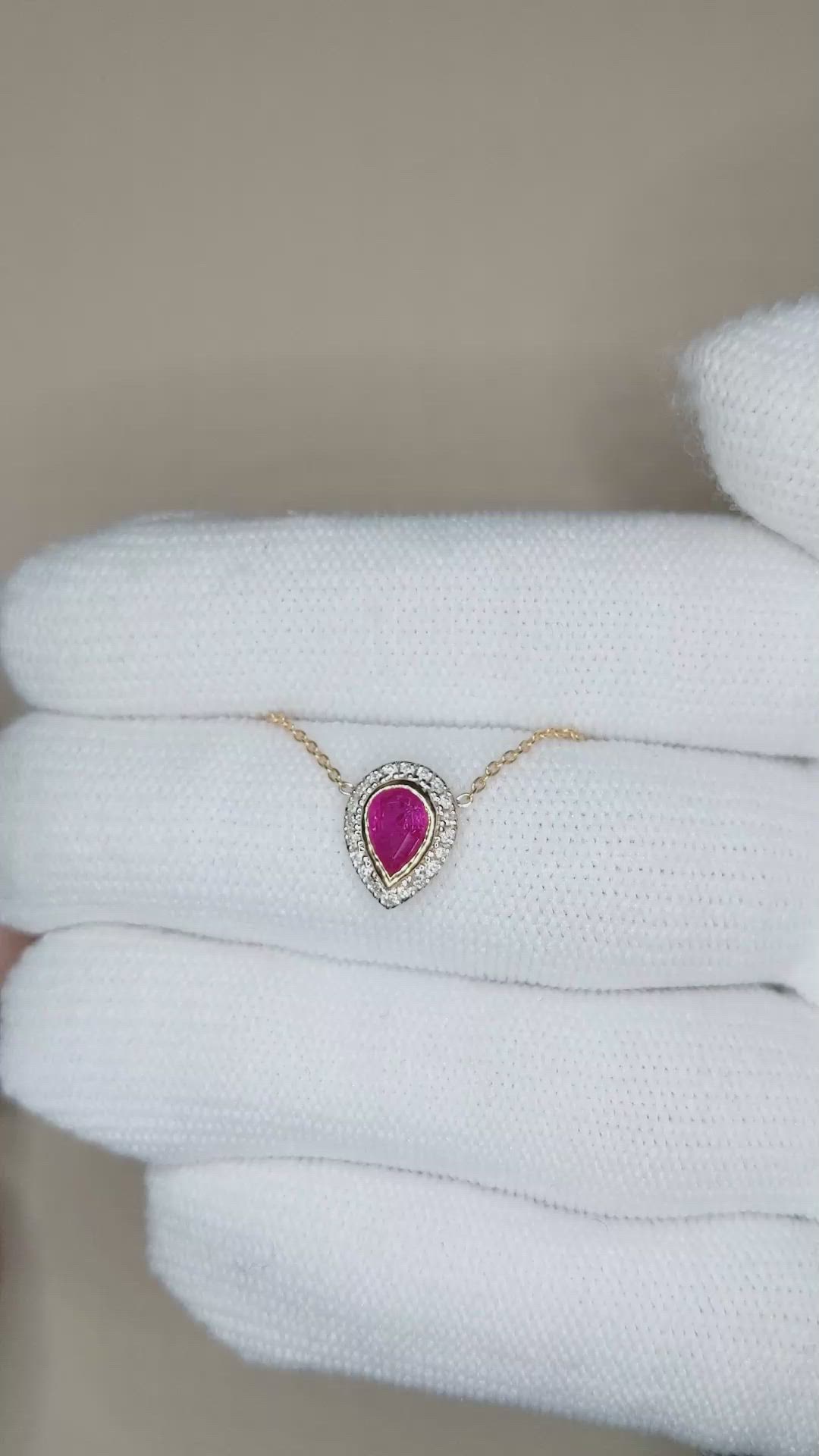 0.49 Ct. Pinkish Red Ruby and Natural Diamond Pave Necklace, 18K Yellow Gold Size Video