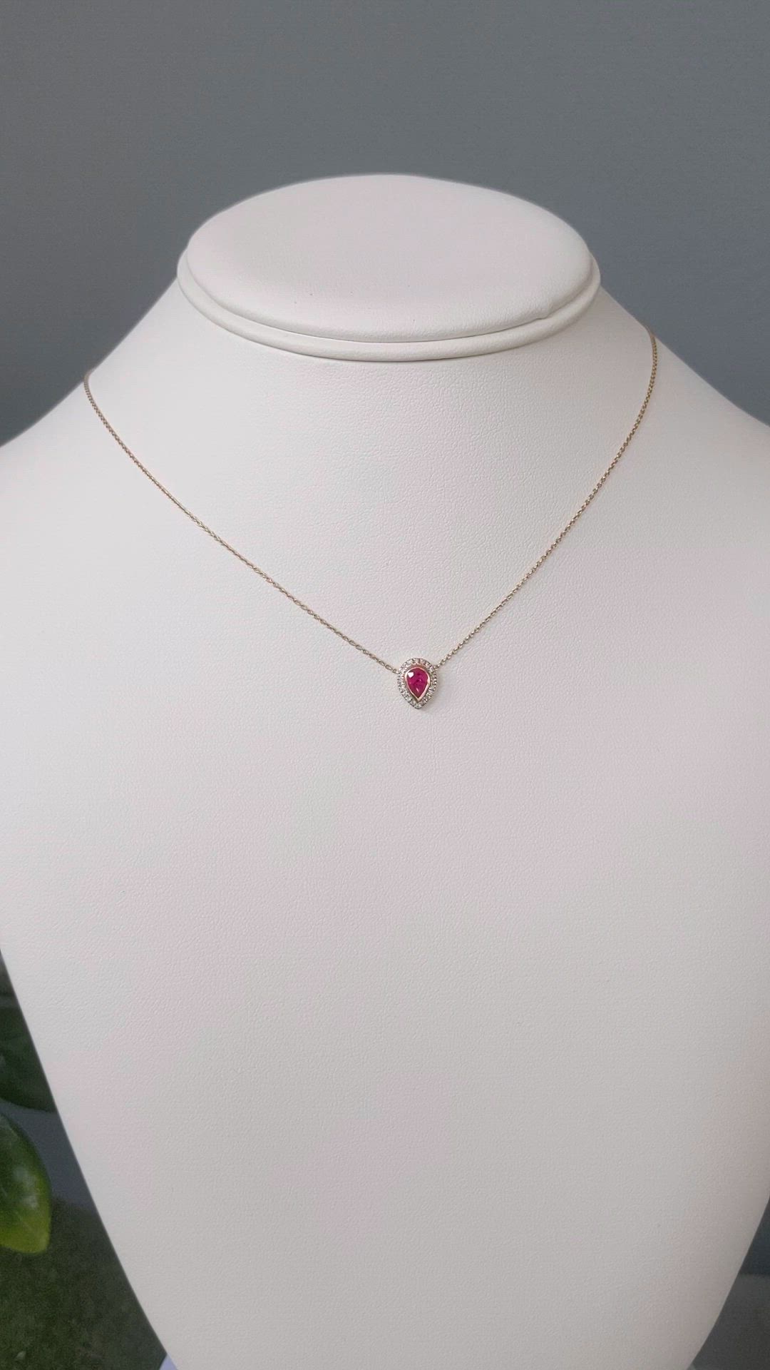 0.49 Ct. Pinkish Red Ruby and Natural Diamond Pave Necklace, 18K Yellow Gold Size Video