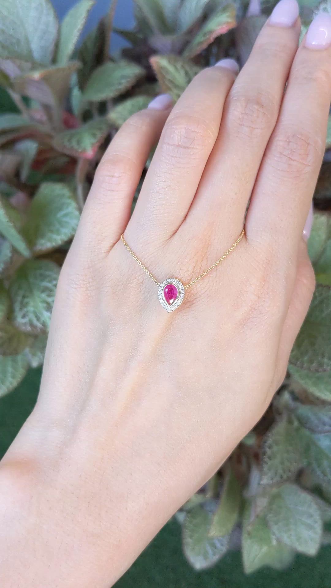 0.49 Ct. Pinkish Red Ruby and Natural Diamond Pave Necklace, 18K Yellow Gold Size Video
