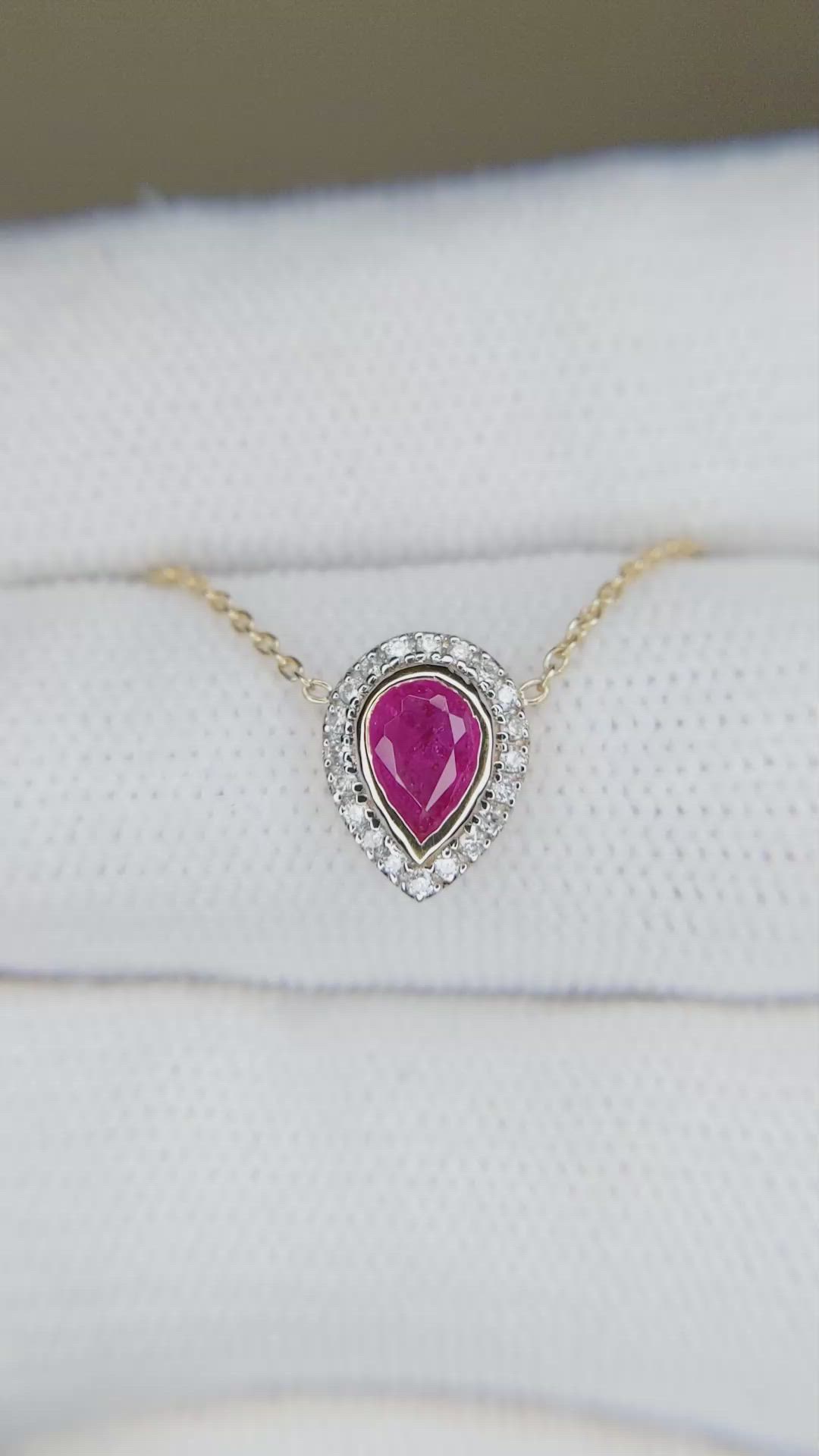 0.49 Ct. Pinkish Red Ruby and Natural Diamond Pave Necklace, 18K Yellow Gold Size Video