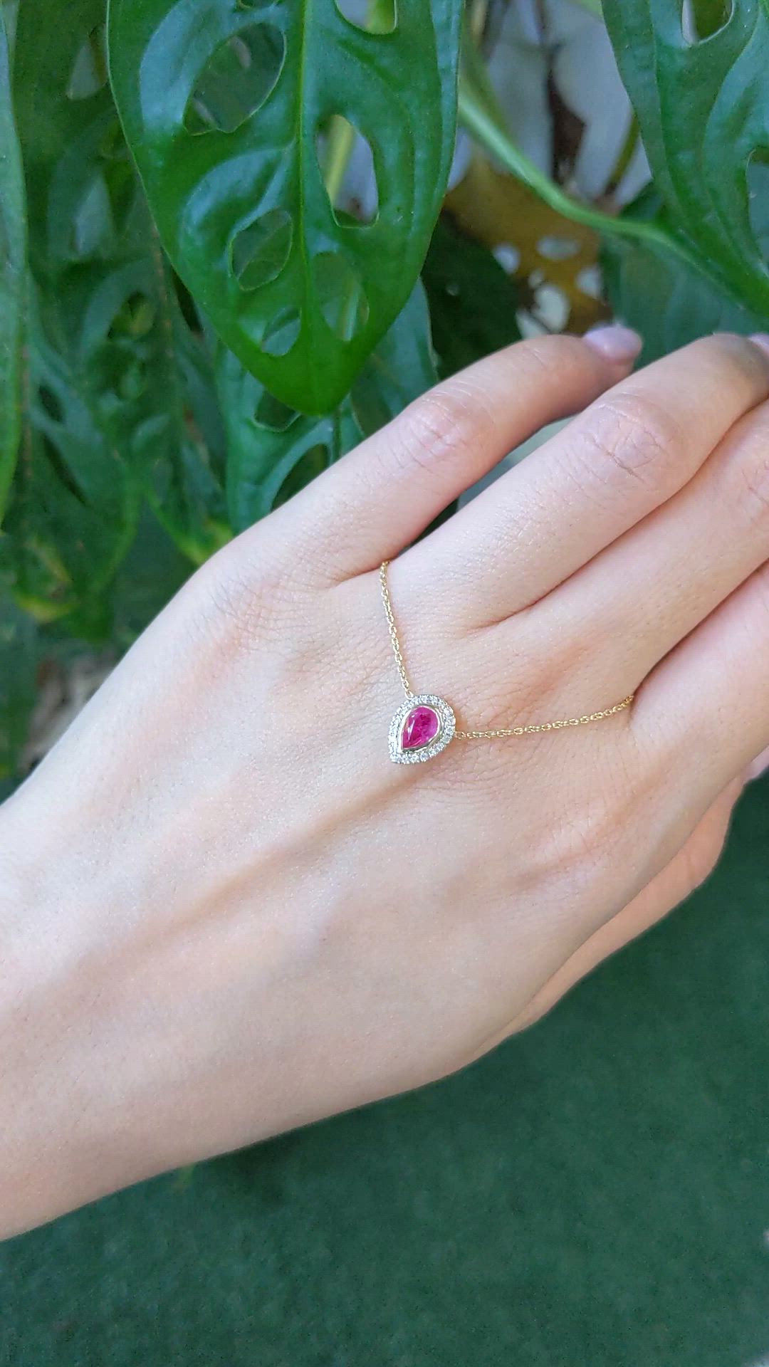 0.49 Ct. Pinkish Red Ruby and Natural Diamond Pave Necklace, 18K Yellow Gold Size Video