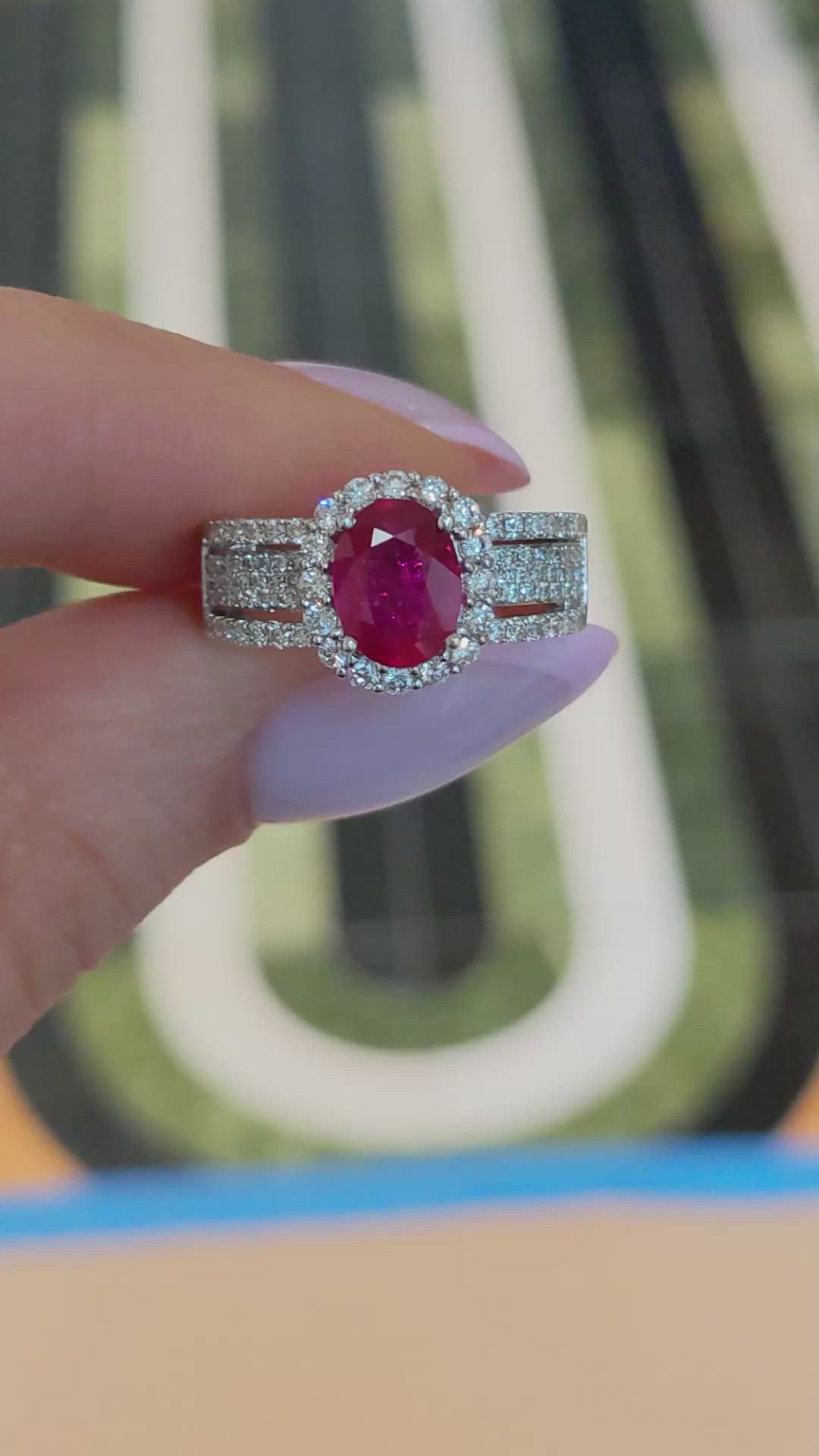 1.43 Ct. Ruby and Natural Diamond Pave Ring, 18K White Gold Size Video