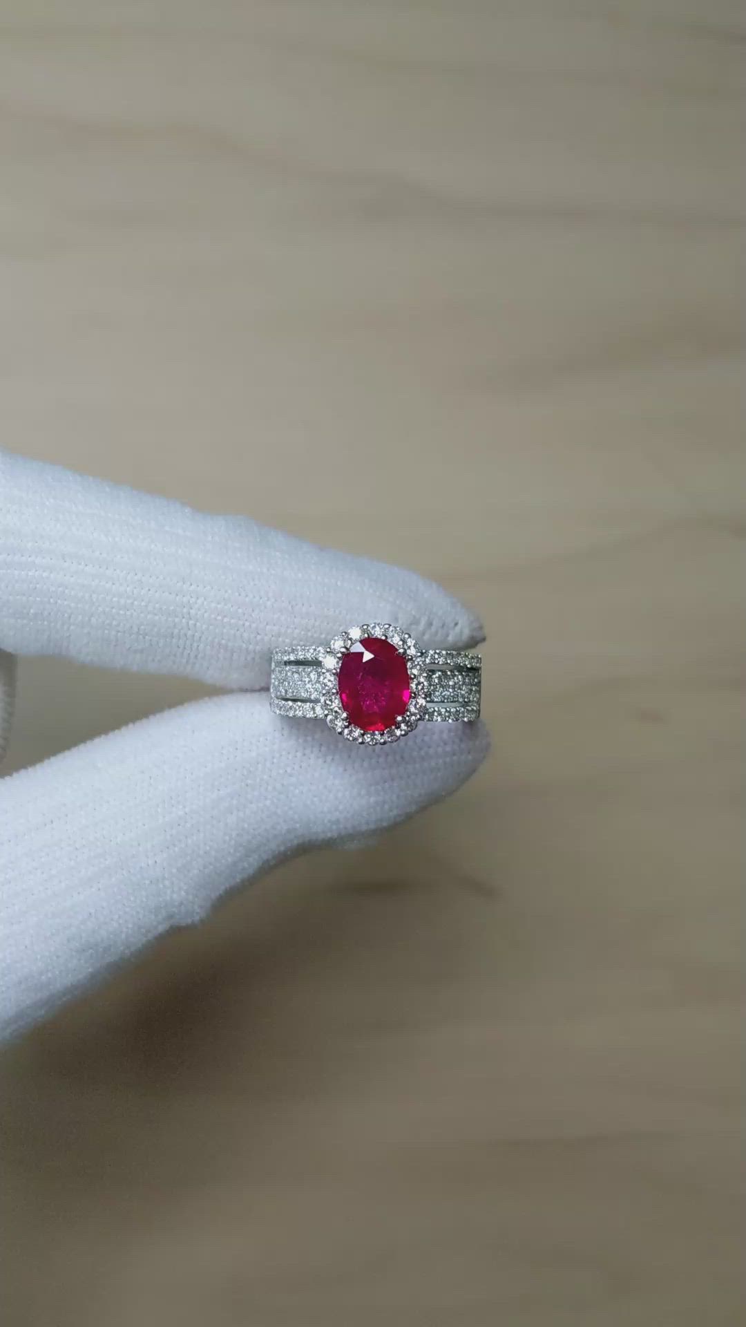 1.43 Ct. Ruby and Natural Diamond Pave Ring, 18K White Gold Size Video