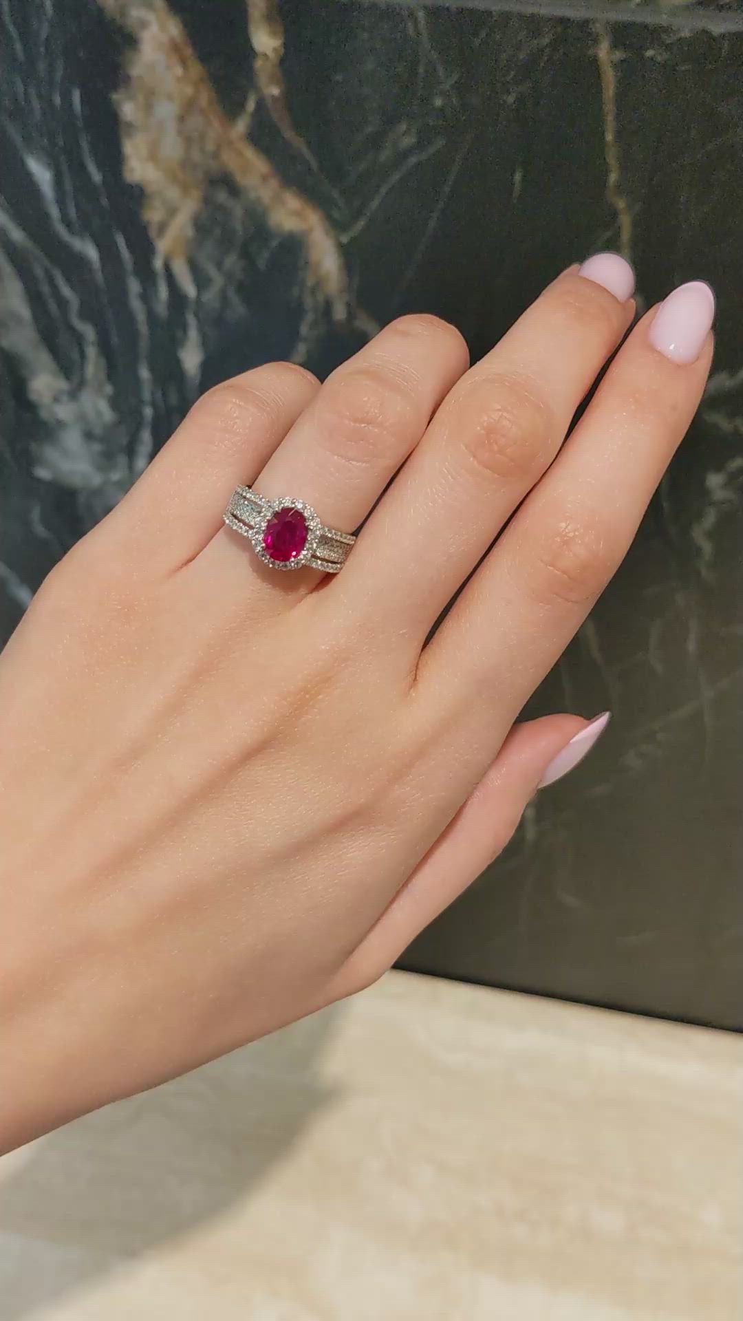 1.43 Ct. Ruby and Natural Diamond Pave Ring, 18K White Gold Size Video