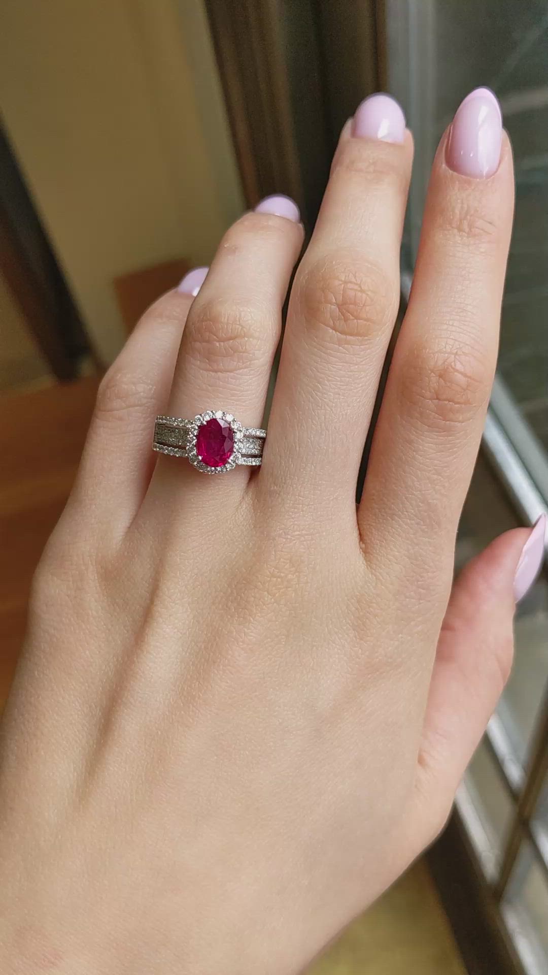 1.43 Ct. Ruby and Natural Diamond Pave Ring, 18K White Gold Size Video