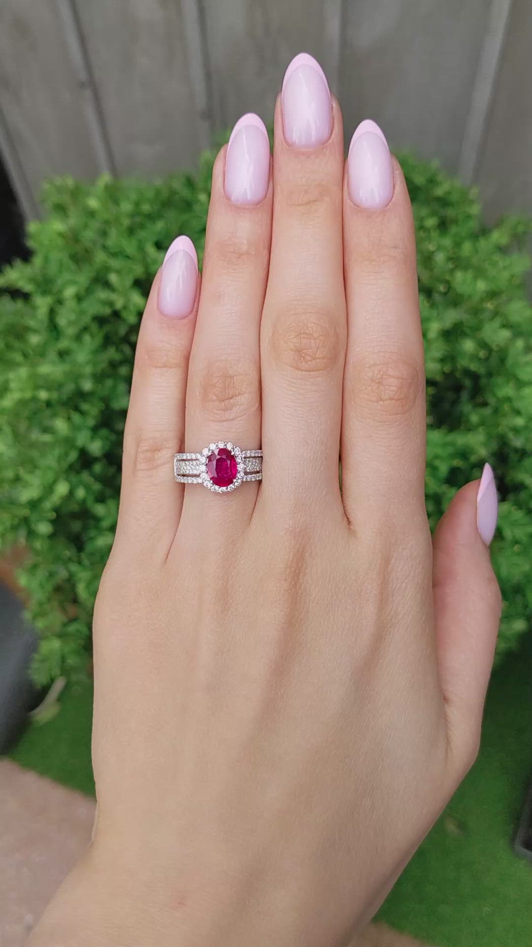 1.43 Ct. Ruby and Natural Diamond Pave Ring, 18K White Gold Size Video