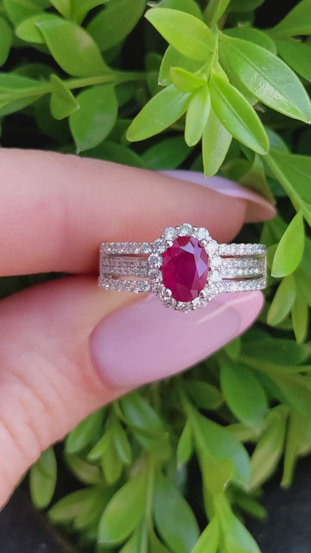 0.95 Ct. Ruby and Natural Diamond Pave Ring, 18K White Gold Size Video