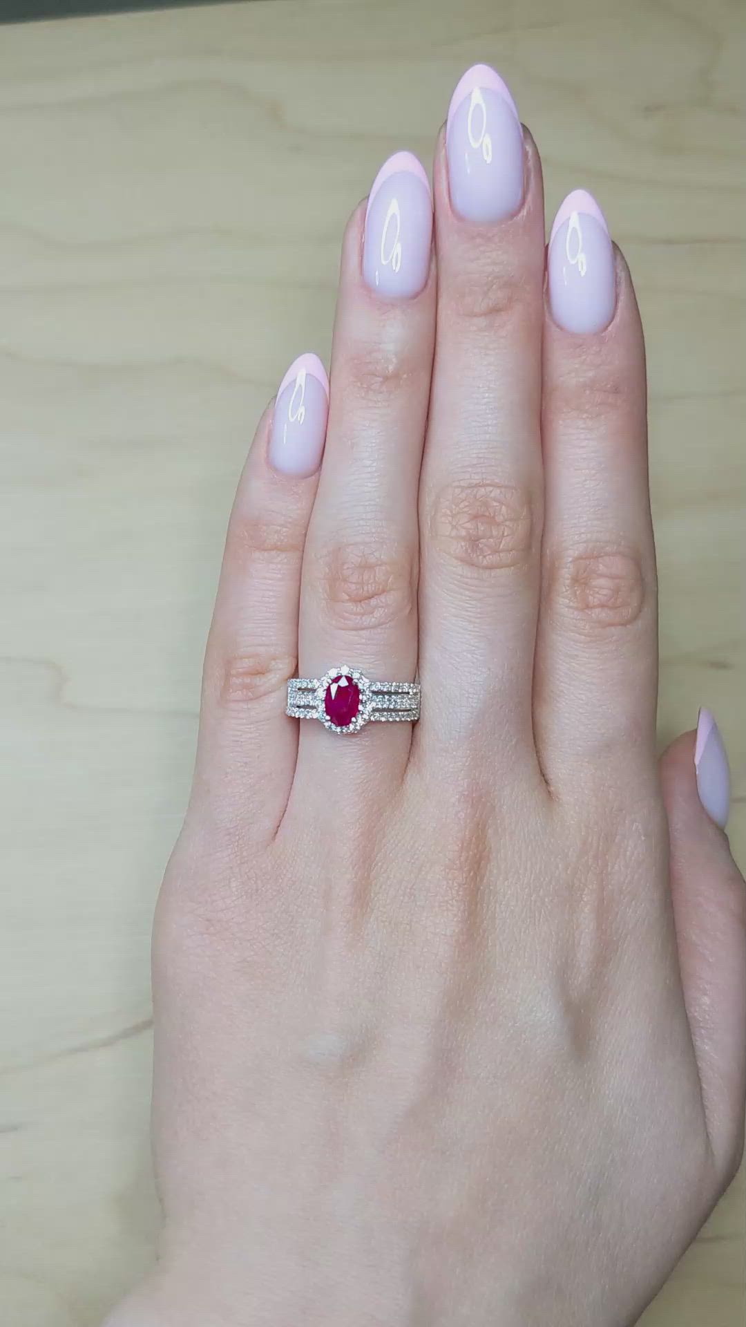 0.95 Ct. Ruby and Natural Diamond Pave Ring, 18K White Gold Size Video