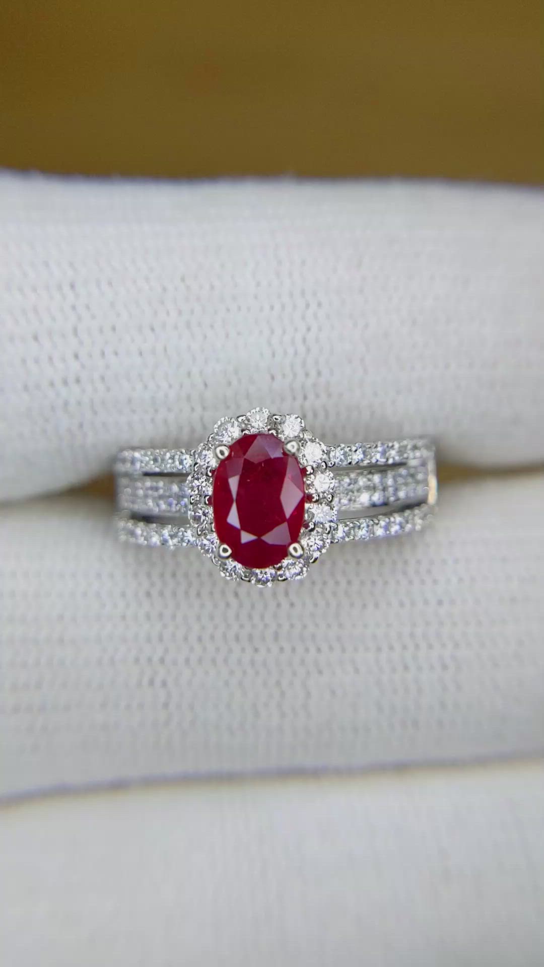 0.95 Ct. Ruby and Natural Diamond Pave Ring, 18K White Gold Size Video