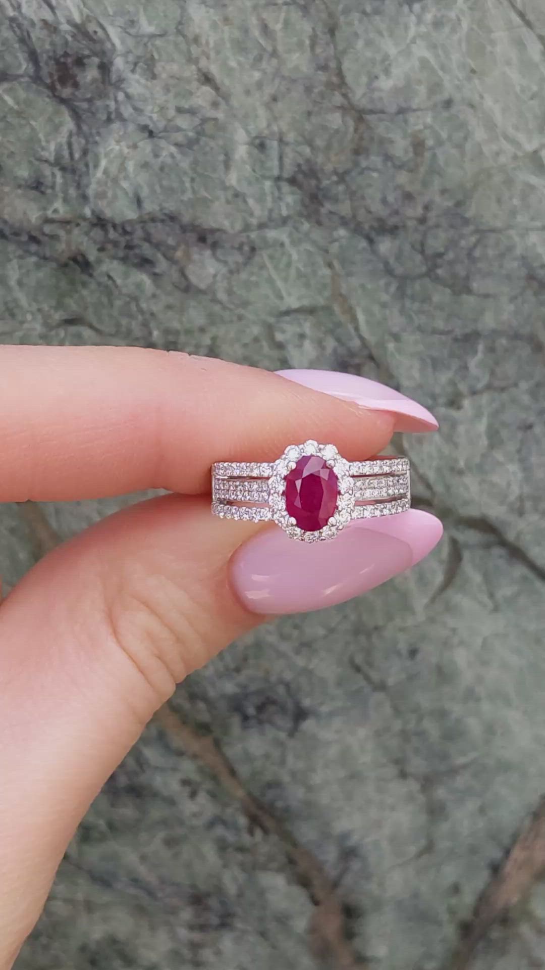 0.95 Ct. Ruby and Natural Diamond Pave Ring, 18K White Gold Size Video