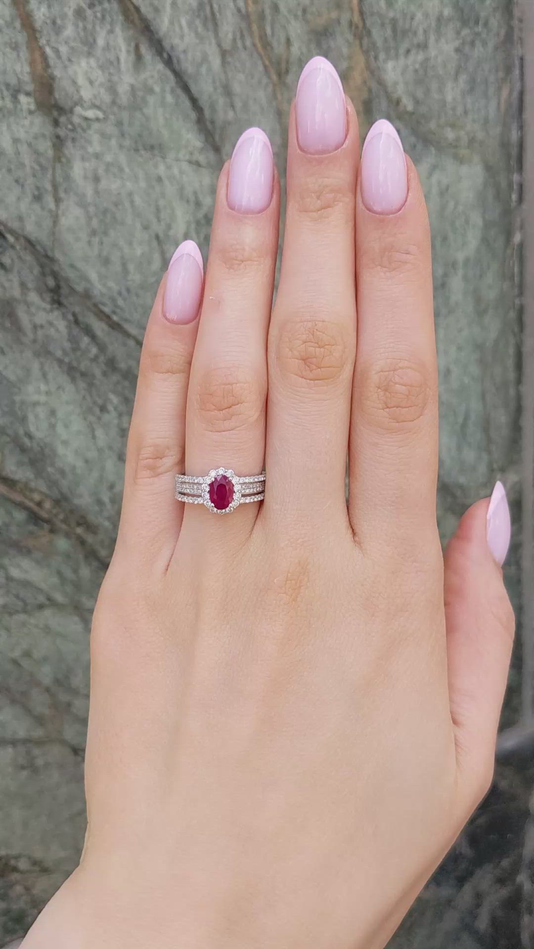 0.95 Ct. Ruby and Natural Diamond Pave Ring, 18K White Gold Size Video