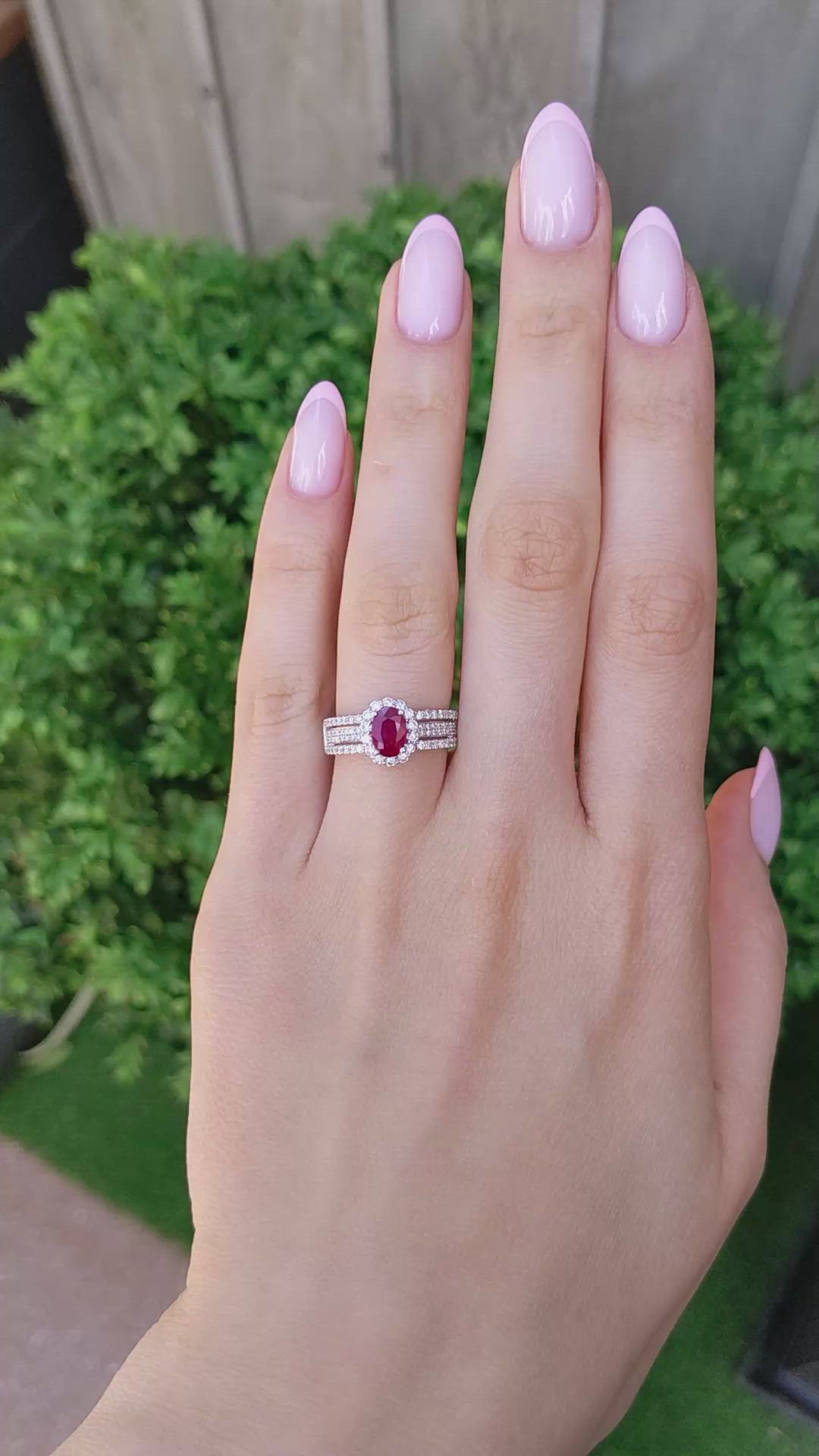 0.95 Ct. Ruby and Natural Diamond Pave Ring, 18K White Gold Size Video