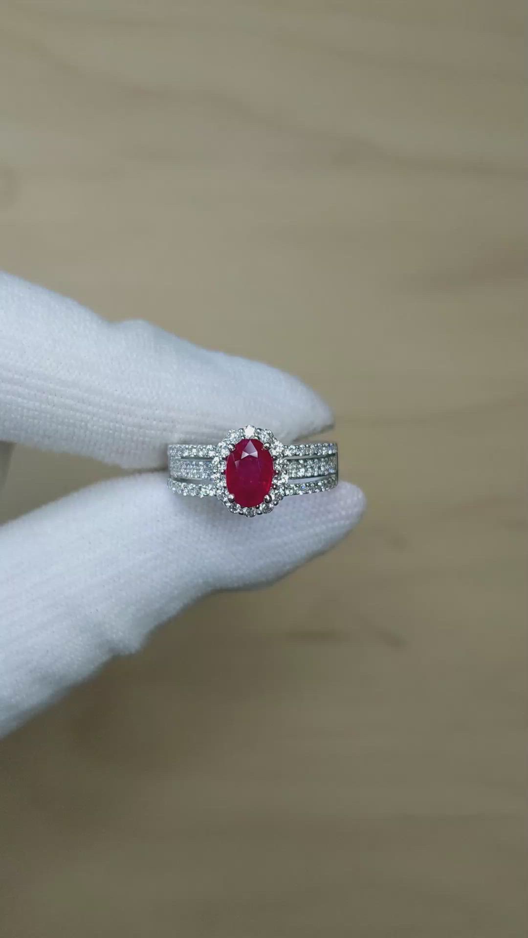 0.95 Ct. Ruby and Natural Diamond Pave Ring, 18K White Gold Size Video
