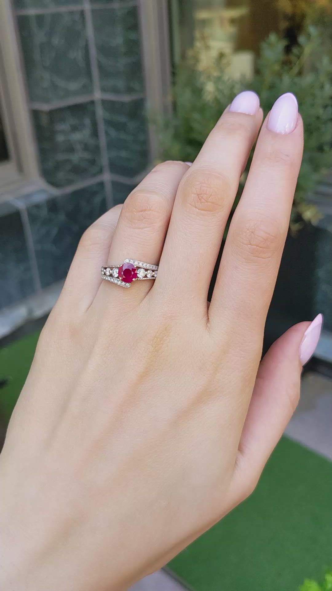 0.98 Ct. Ruby and Natural Diamond Pave Ring, Platinum 950 Size Video