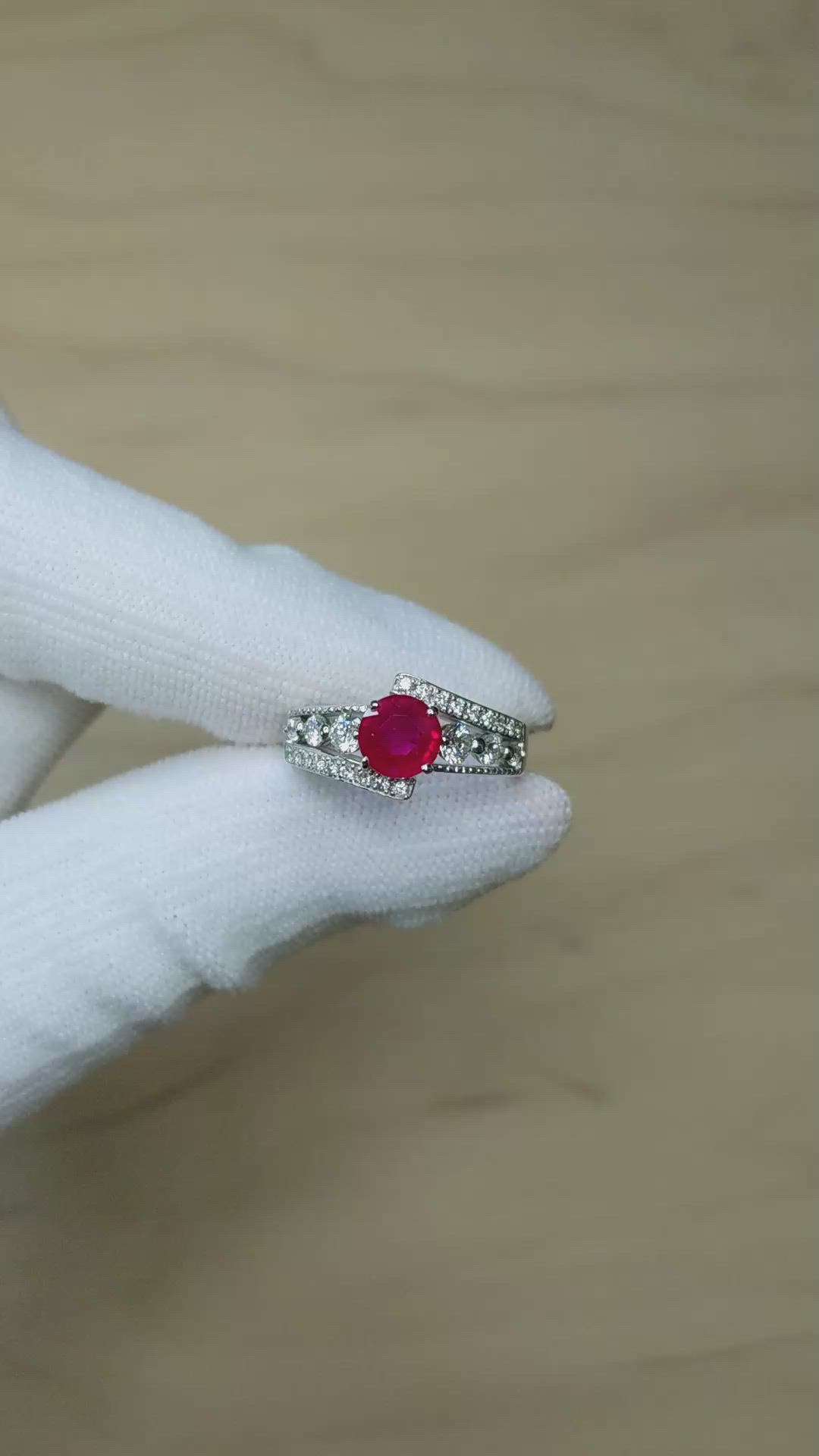 0.98 Ct. Ruby and Natural Diamond Pave Ring, Platinum 950 Size Video