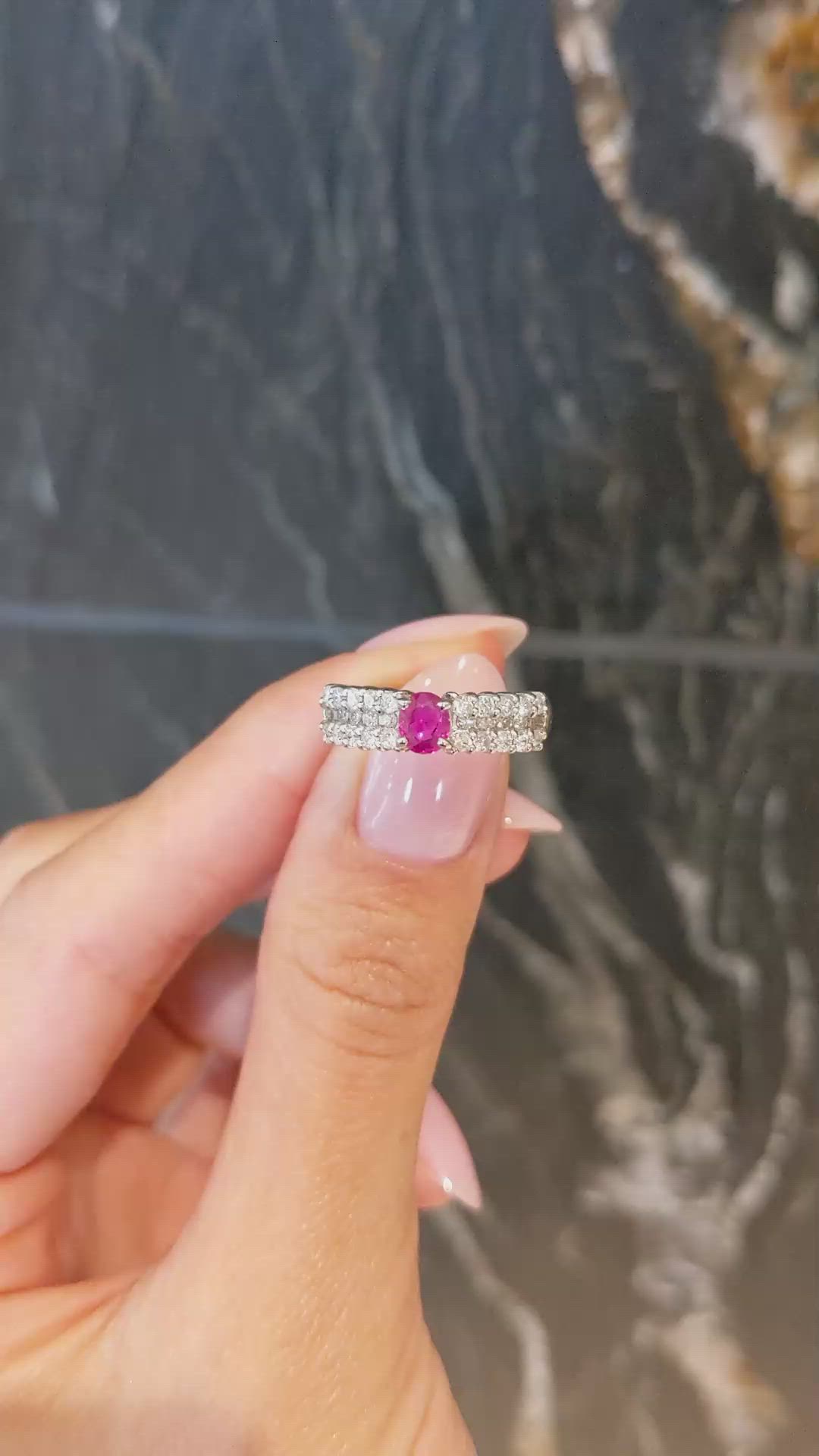 0.43 Ct. Purplish Red Ruby and Natural Diamond Pave Ring, Platinum 950 Size Video