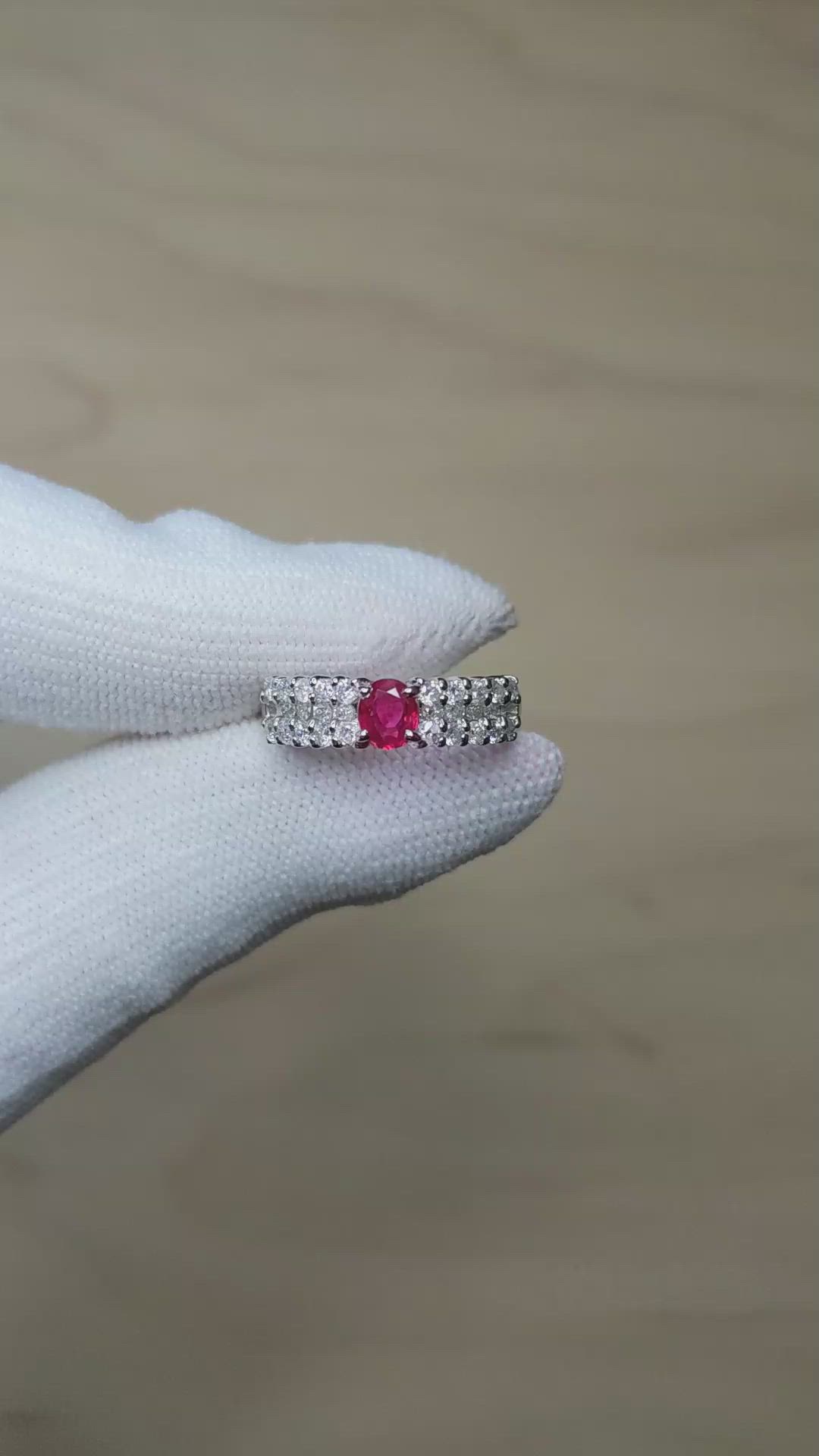 0.43 Ct. Purplish Red Ruby and Natural Diamond Pave Ring, Platinum 950 Size Video