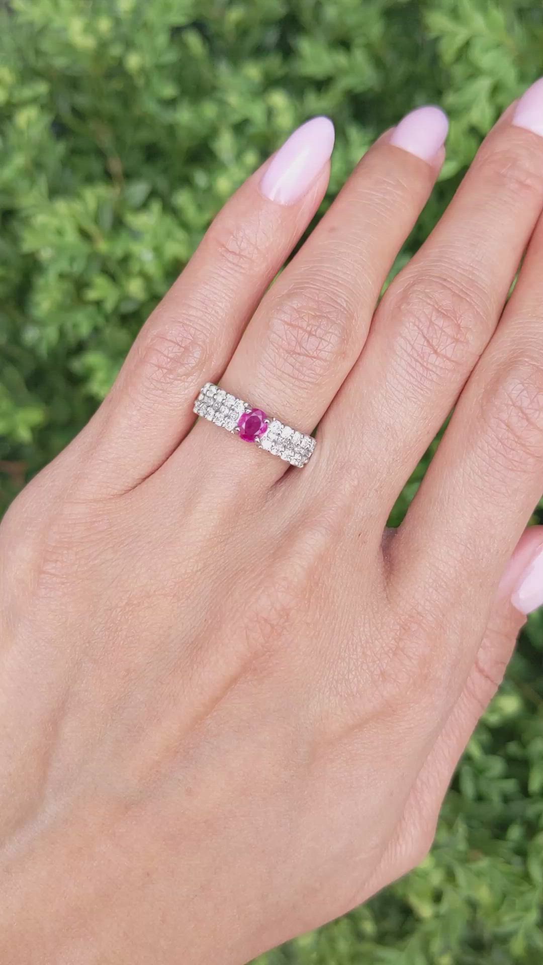 0.43 Ct. Purplish Red Ruby and Natural Diamond Pave Ring, Platinum 950 Size Video