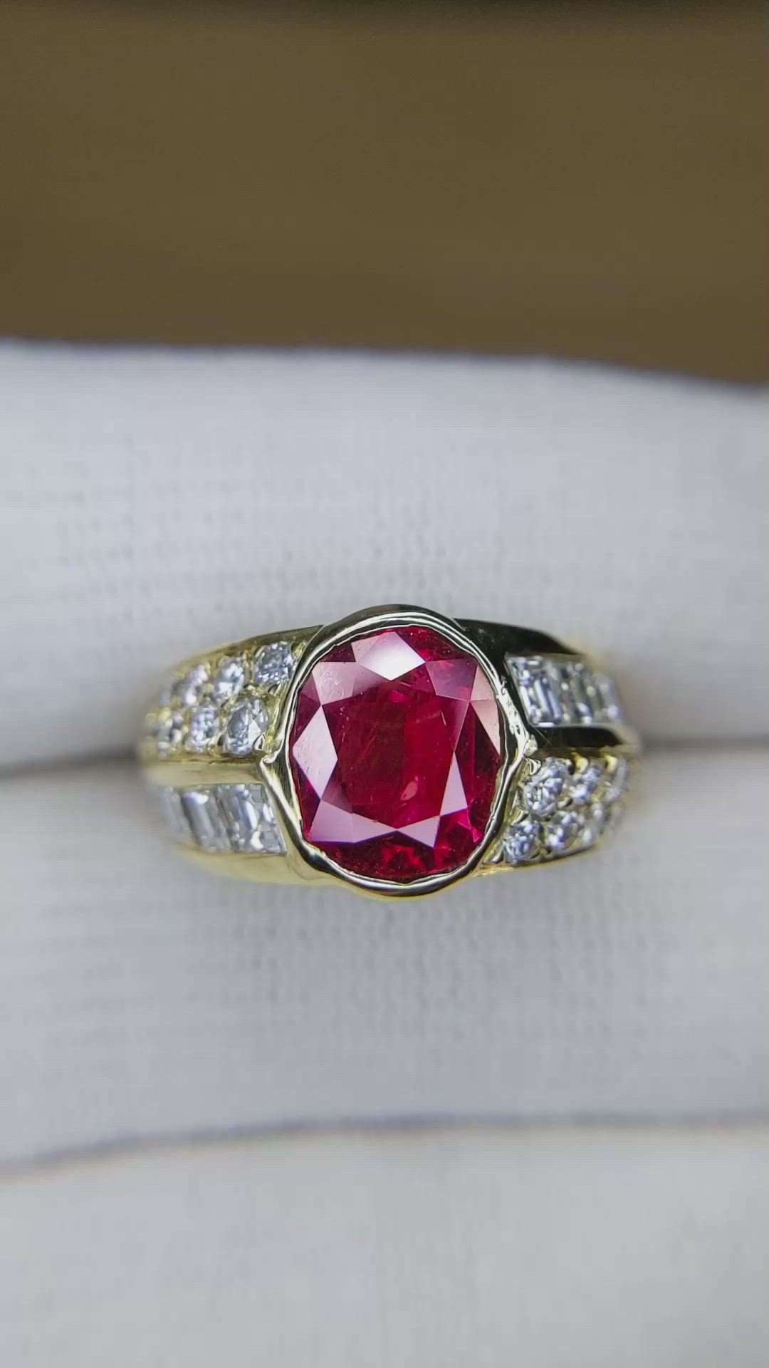 3.47 Ct. Ruby and Natural Diamond Antique Style Ring, 18K Yellow Gold Size Video