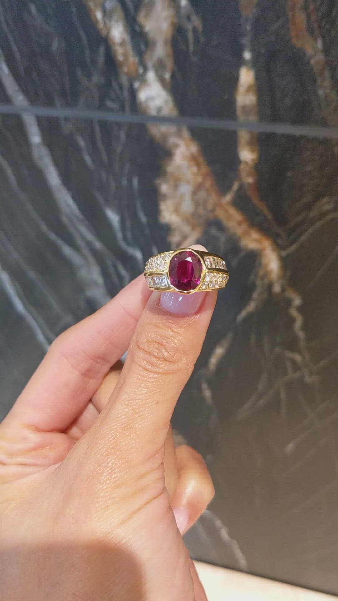 3.47 Ct. Ruby and Natural Diamond Antique Style Ring, 18K Yellow Gold Size Video