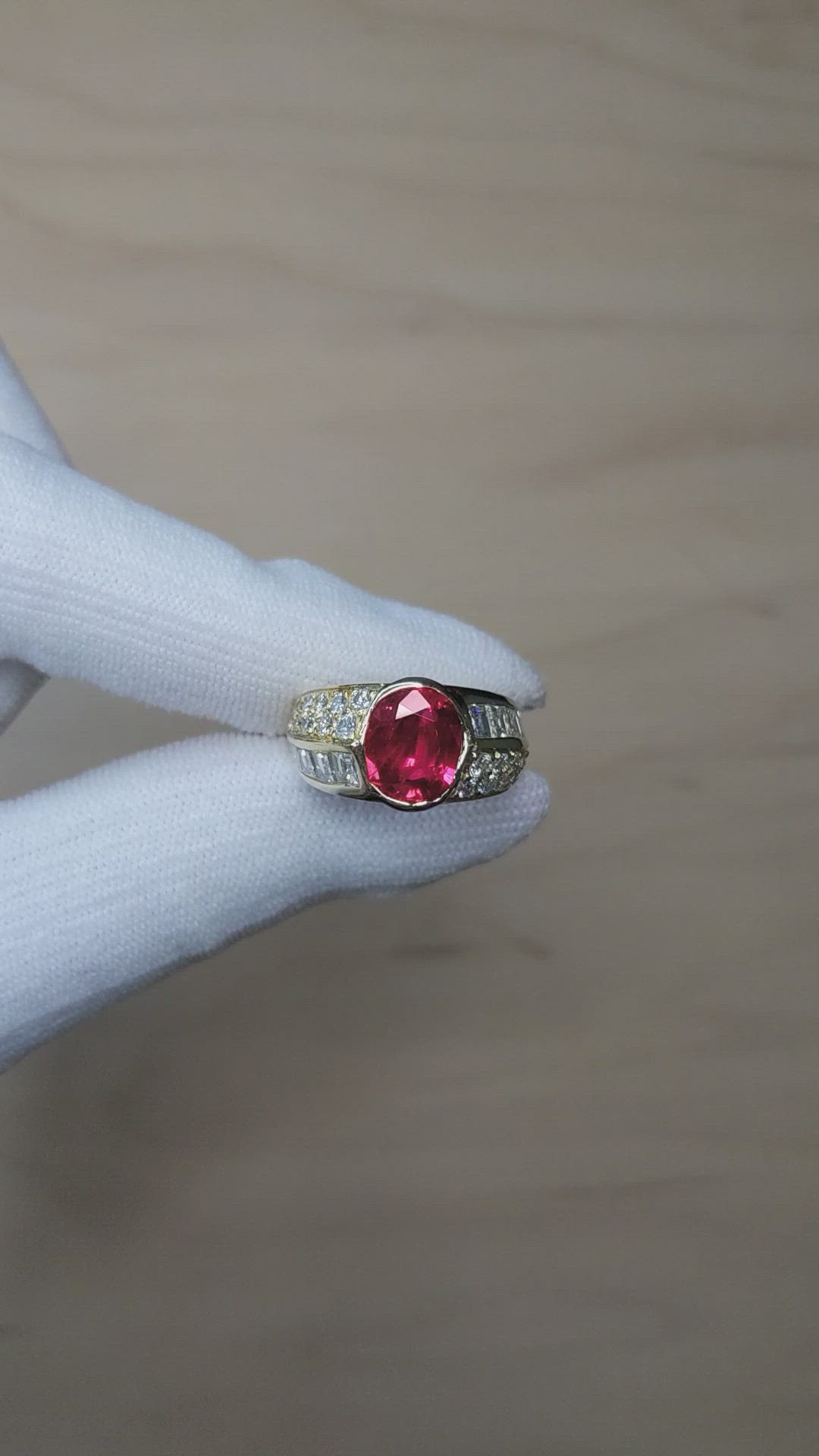 3.47 Ct. Ruby and Natural Diamond Antique Style Ring, 18K Yellow Gold Size Video