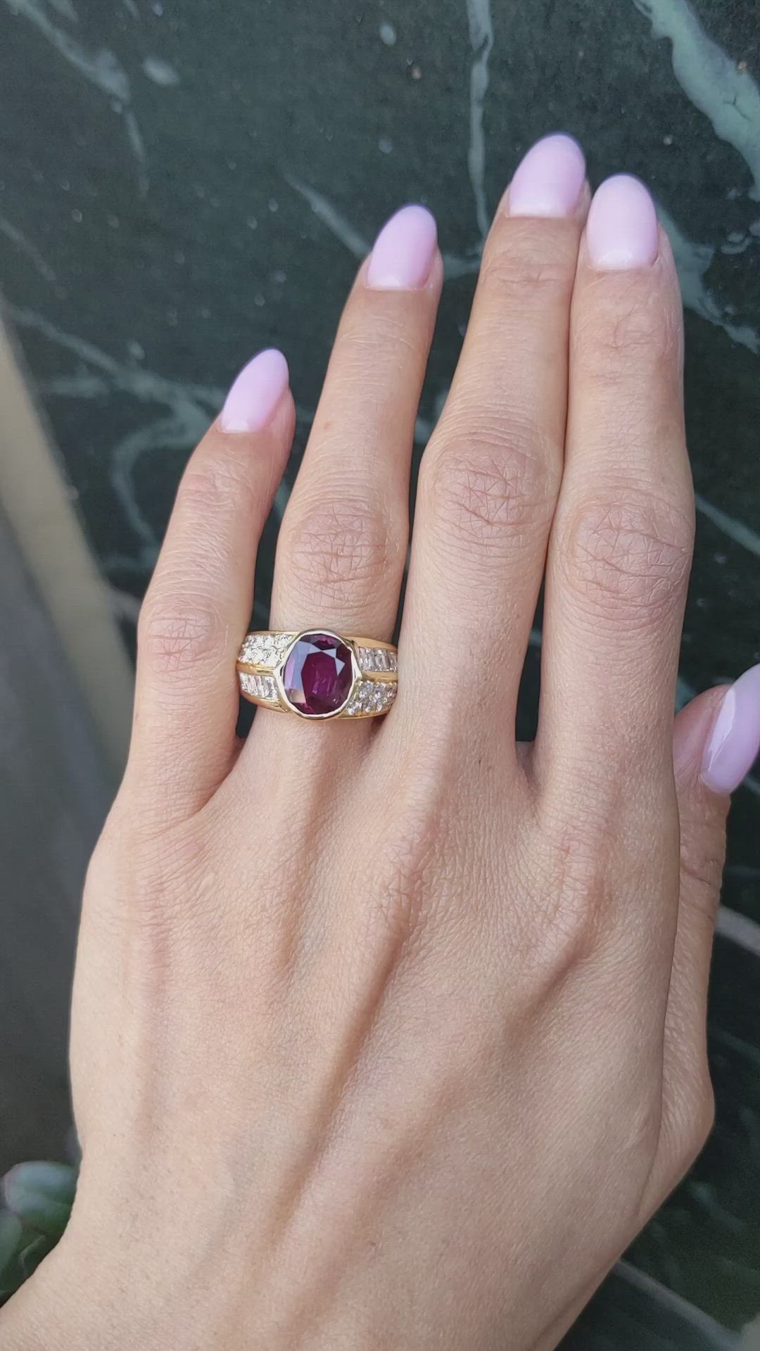 3.47 Ct. Ruby and Natural Diamond Antique Style Ring, 18K Yellow Gold Size Video