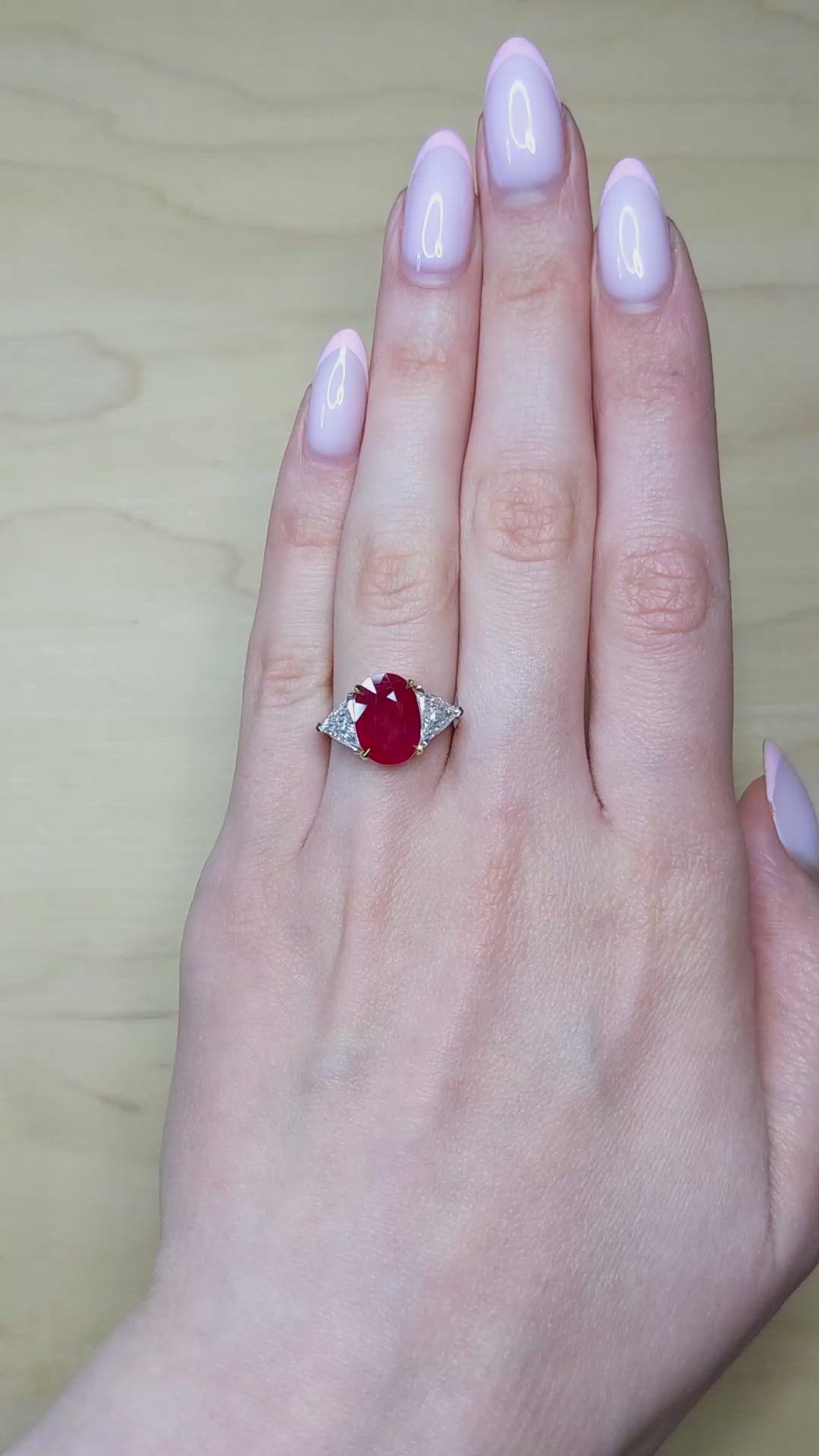 5.27 Ct. Ruby and Natural Diamond Three Stone Ring, 18K White & Yellow Size Video