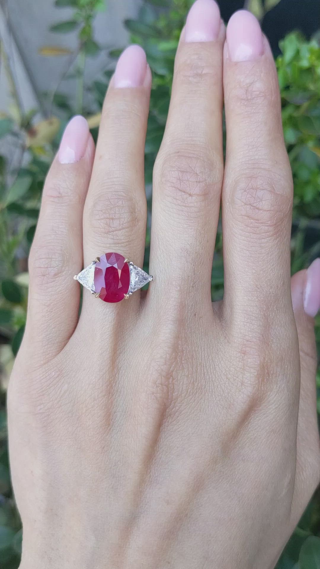 5.27 Ct. Ruby and Natural Diamond Three Stone Ring, 18K White & Yellow Size Video