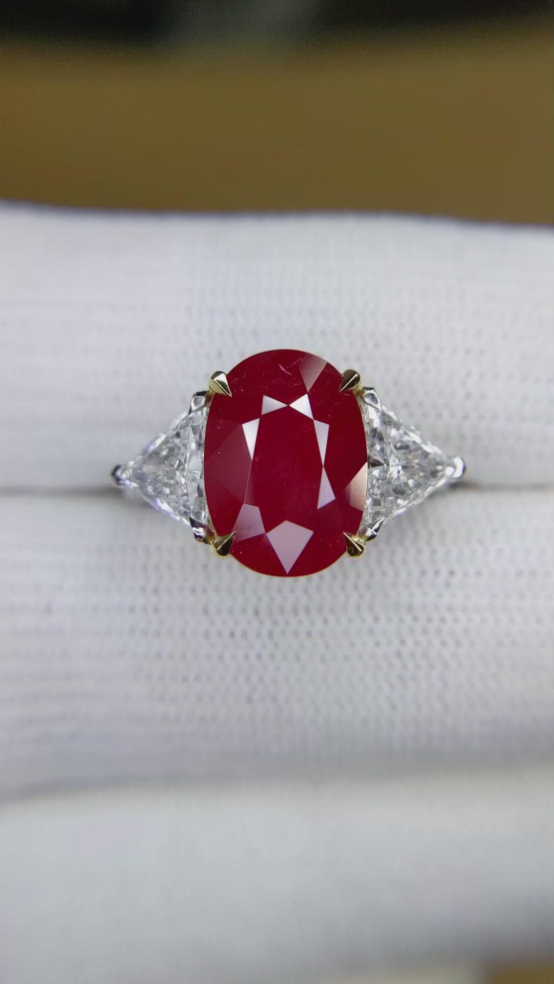 5.27 Ct. Ruby and Natural Diamond Three Stone Ring, 18K White & Yellow Size Video