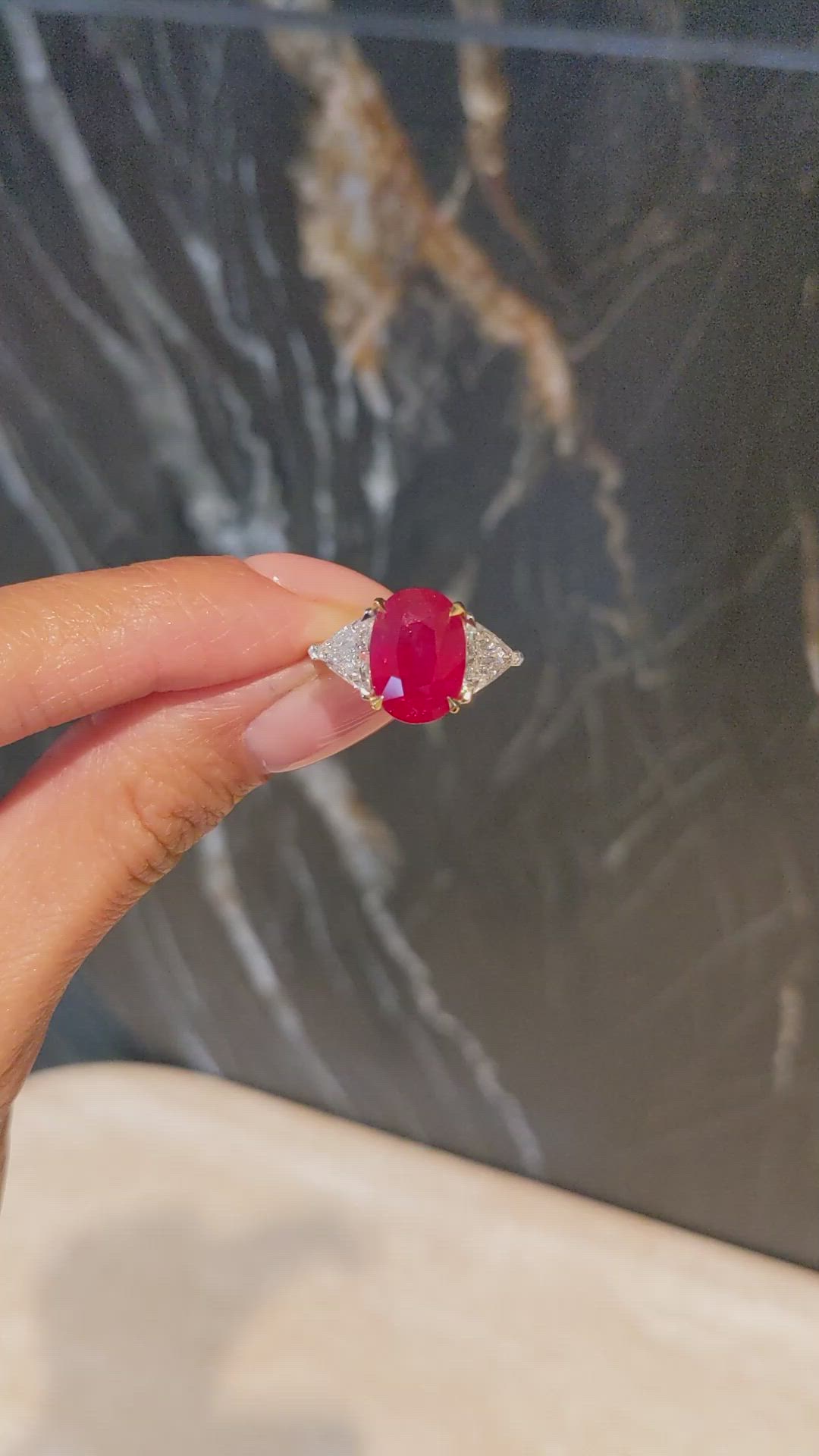 5.27 Ct. Ruby and Natural Diamond Three Stone Ring, 18K White & Yellow Size Video