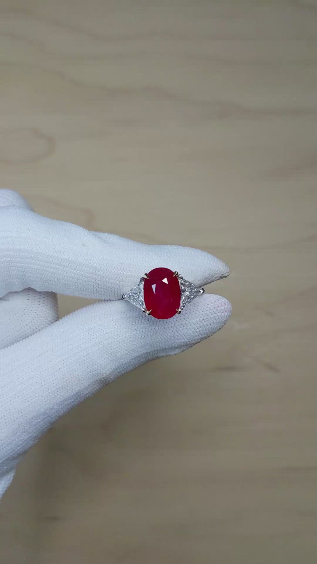 5.27 Ct. Ruby and Natural Diamond Three Stone Ring, 18K White & Yellow Size Video
