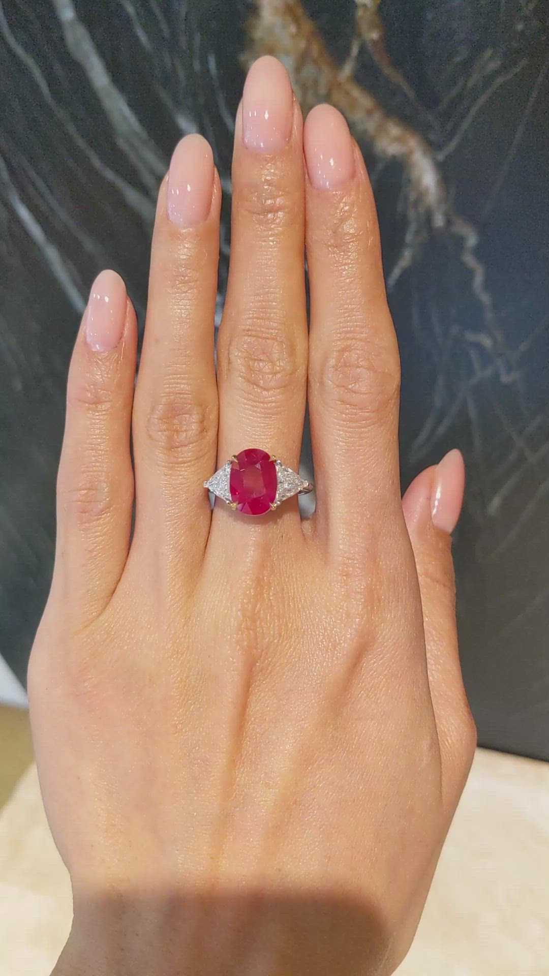 5.27 Ct. Ruby and Natural Diamond Three Stone Ring, 18K White & Yellow Size Video