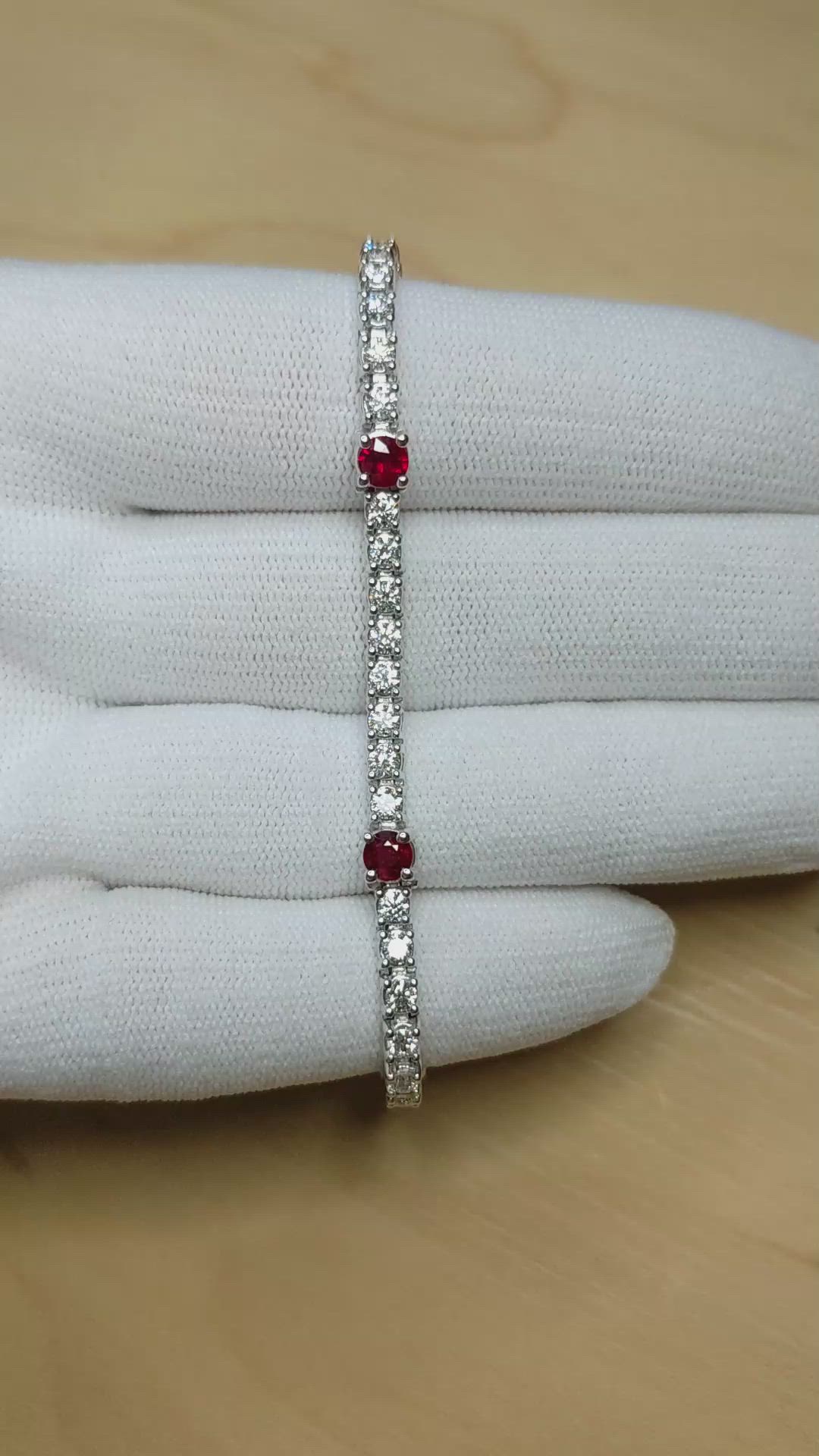 1.50 Ct.Tw.Total Carat Weight Ruby and Natural Diamond Pave Bracelet, 14K White Gold Size Video