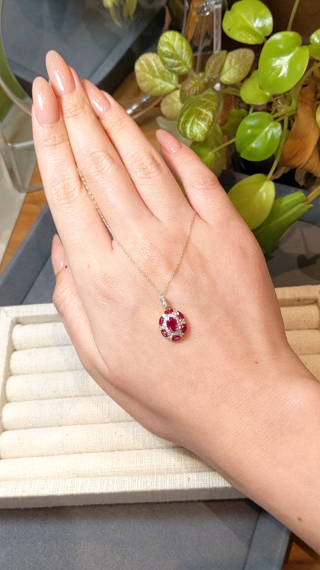 0.45 Ct. Pinkish Red Ruby and Ruby Pave Necklace, 14K Yellow Gold Size Video