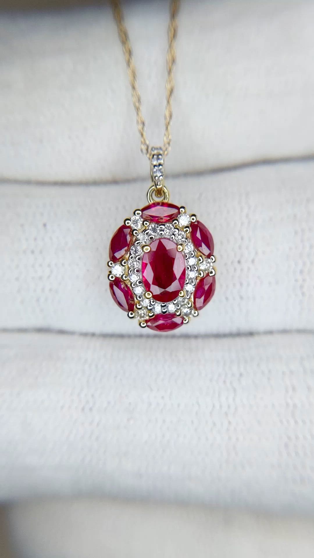0.45 Ct. Pinkish Red Ruby and Ruby Pave Necklace, 14K Yellow Gold Size Video