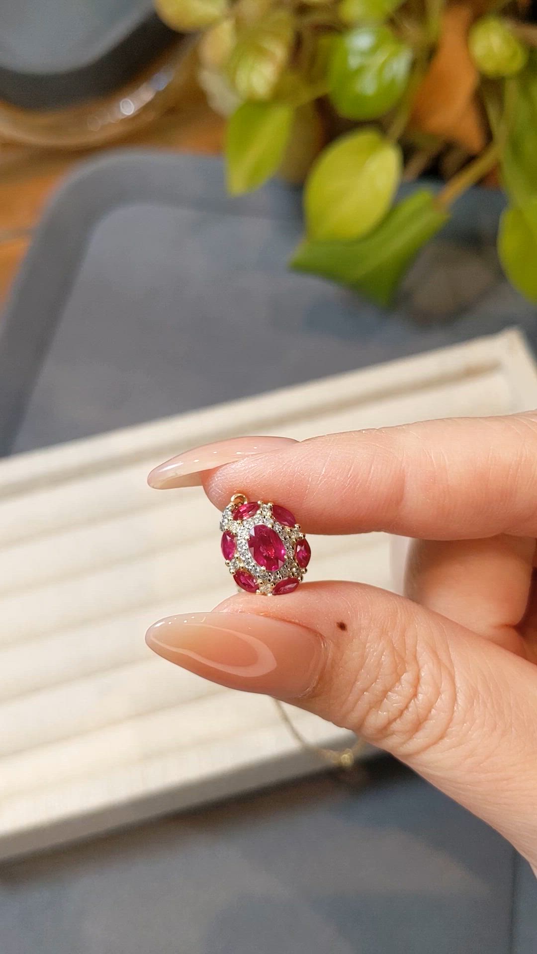 0.45 Ct. Pinkish Red Ruby and Ruby Pave Necklace, 14K Yellow Gold Size Video